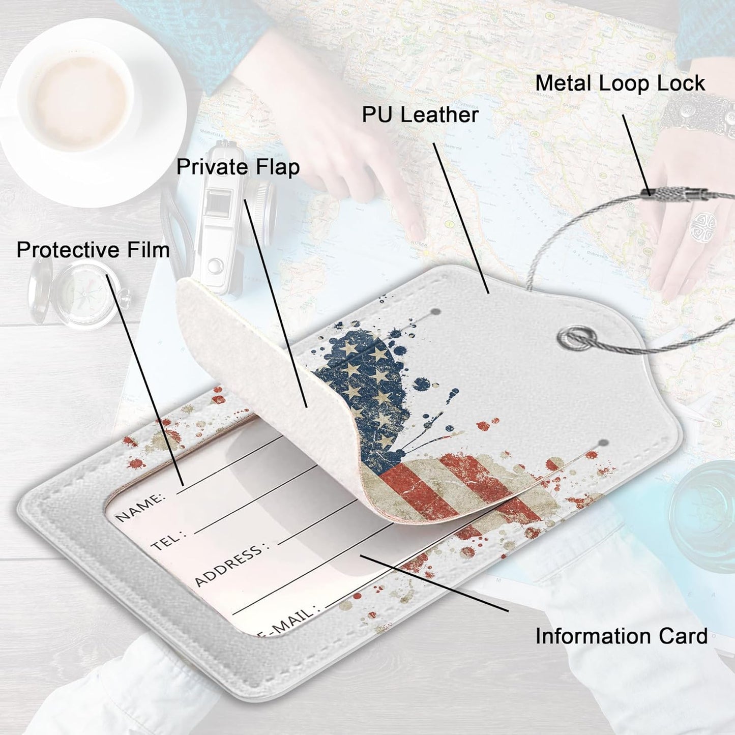 2 Pack Leather Luggage Tag for Suitcase American Flag Watercolor Butterfly Unique Travel Tags with Privacy Cover ID Label & Stainless Steel Loop for Men and Women Baggage