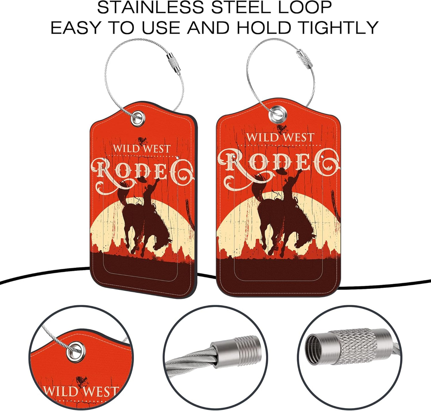 2 Pack Luggage Tags,Wild West Cowboy PU Leather Idea Baggage Tag with ID Labels Privacy Cover Metal Ring Men and Women Travel Bag Labels