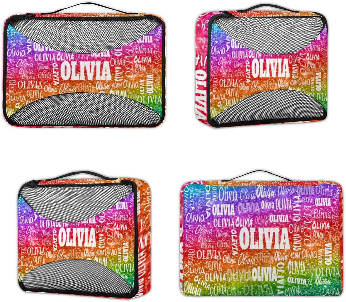 Personalized Name 4 Set Packing Cubes Luggage Packing Organizers Travel Accessories for Women Girls, Bright Colorful Rainbow Red Green Purple Sequins Glitter
