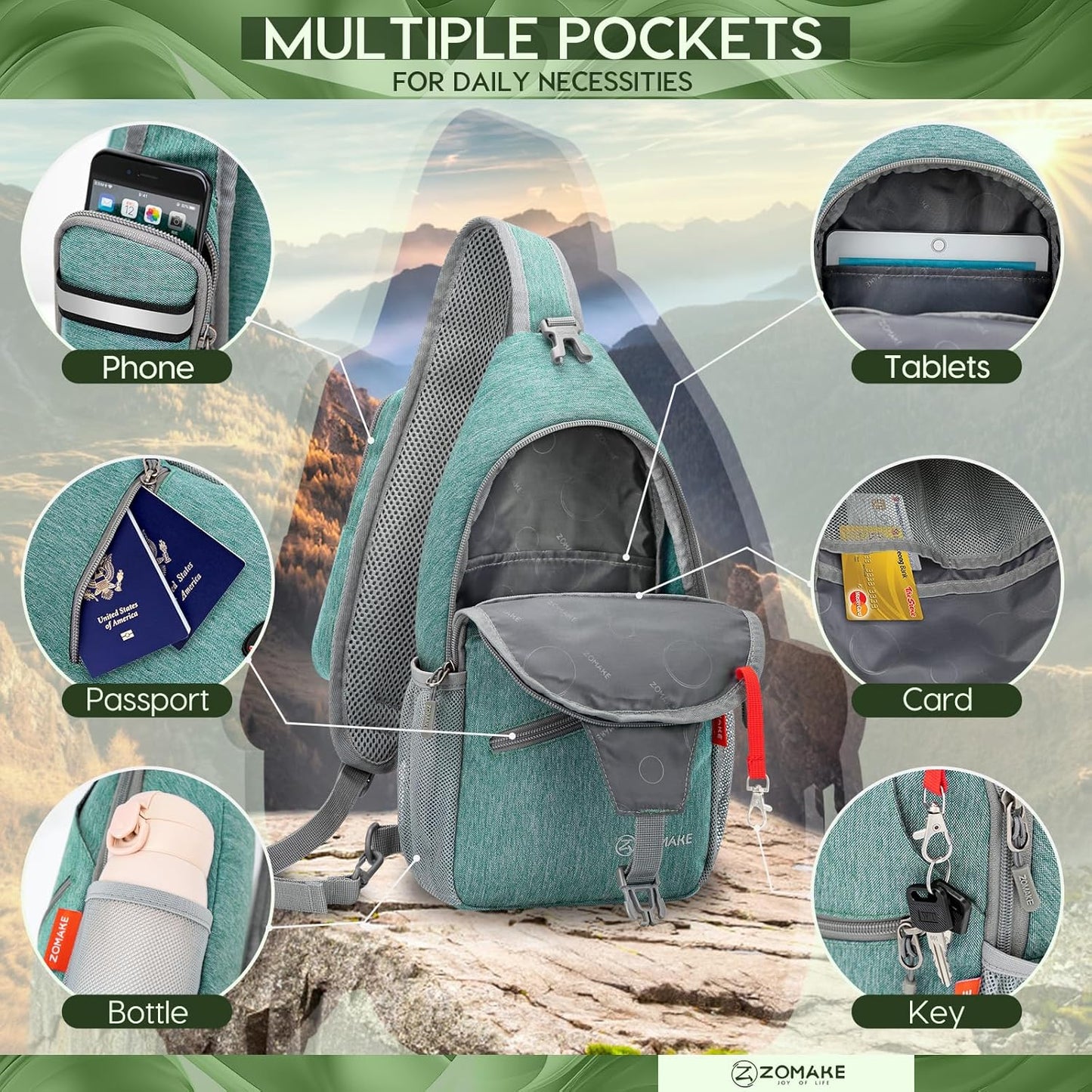 ZOMAKE Sling Bag,Small Crossbody Sling Backpack,Water Resistant Shoulder Daypack for Travel,Anti Thief Chest Bag for Hiking(Turquoise)