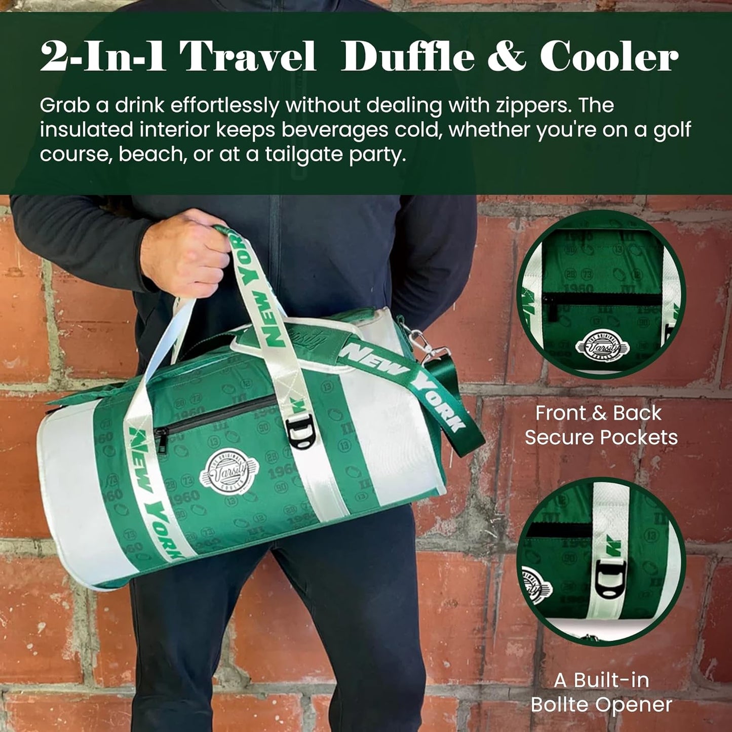 Varsity Cooler New York Travel Party Duffel & Cooler – 30 Can Leakproof Insulated Tote Bag, Waterproof Soft Compartment for Tailgating, Golf, Beach, Carry-On Luggage & Outdoor Sports