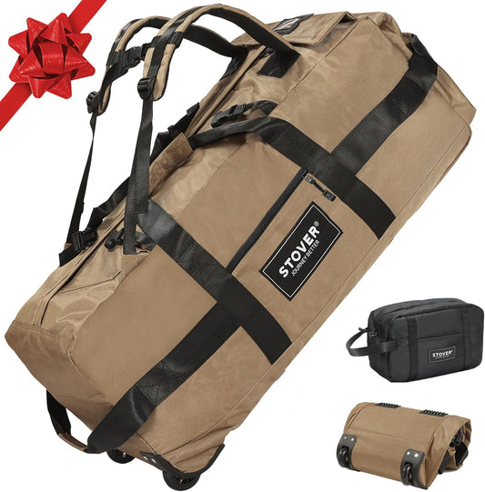 STOVER 80L Rolling Duffel Bag with Wheels, Large 31 Inch Durable Travel Duffle Bag + Toiletry Bag, Heavy Duty, Packable, Foldable w/Shoulder Straps- Use as Luggage or Backpack, Men/Women (Tan)