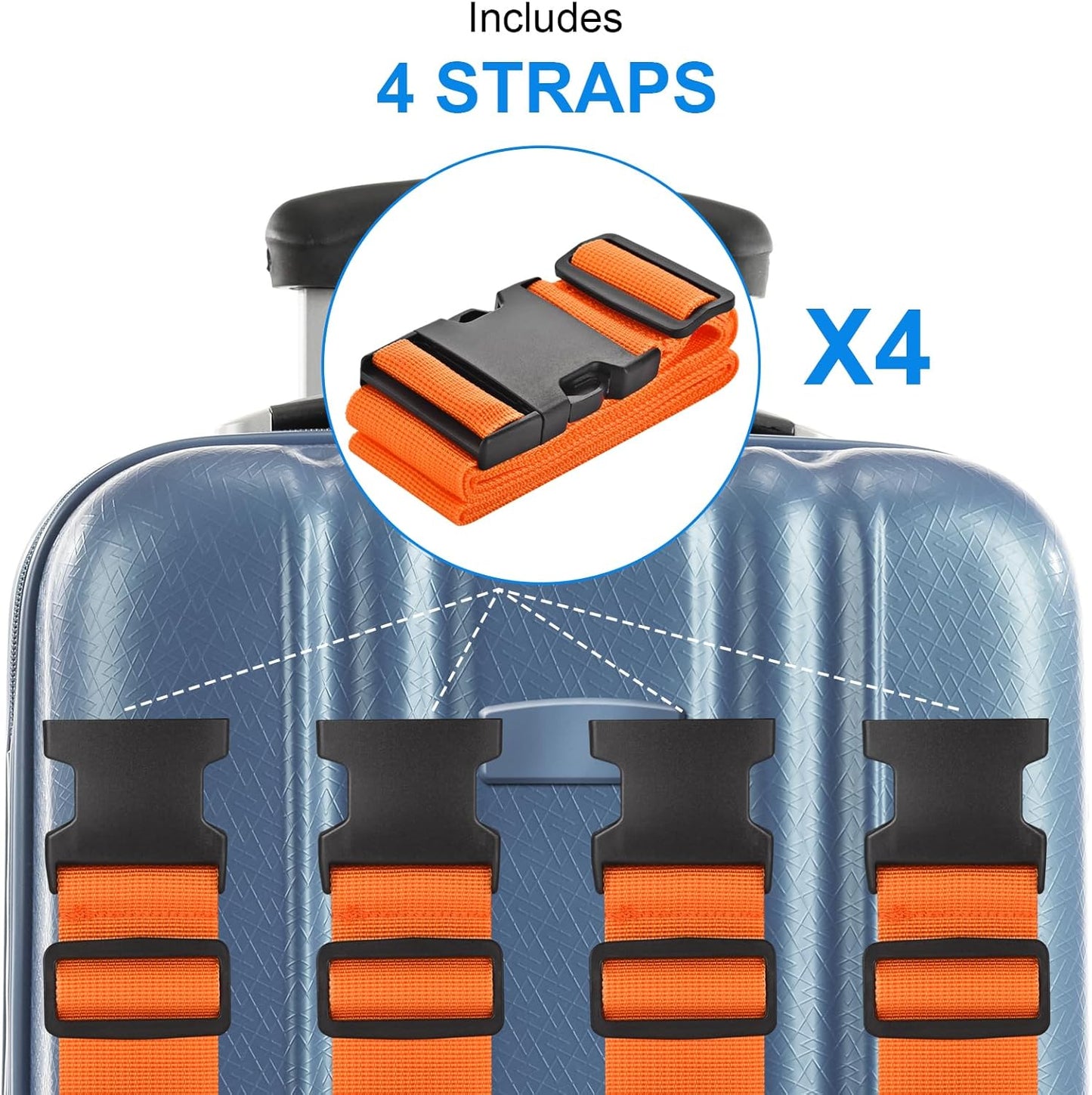 4 Pack Luggage Straps for Suitcases TSA Approved, Travel Belt, Suitcase Strap, by Hiuysid (Orange)