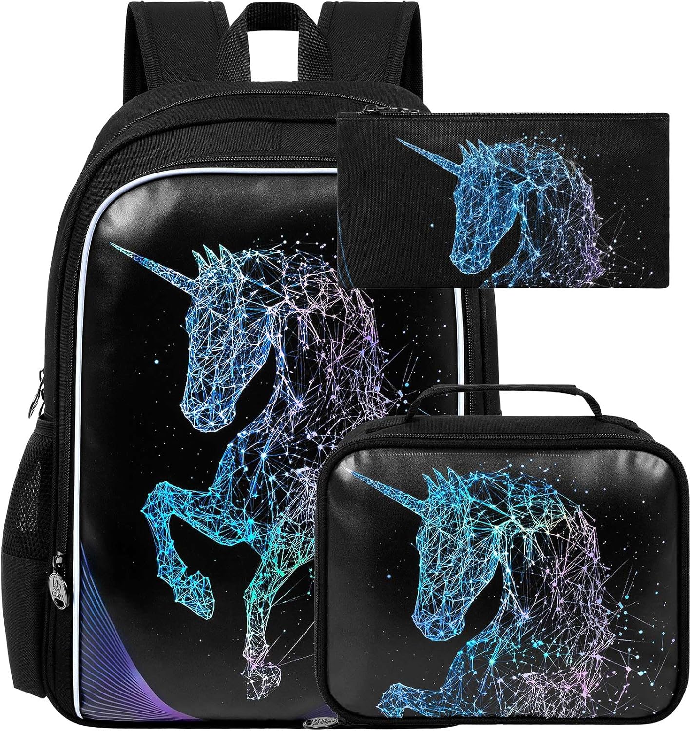 3PCS Unicorn Backpack, 17" Girls Bookbag with Lunch Box, Kids Water Resistant Middle Elementary