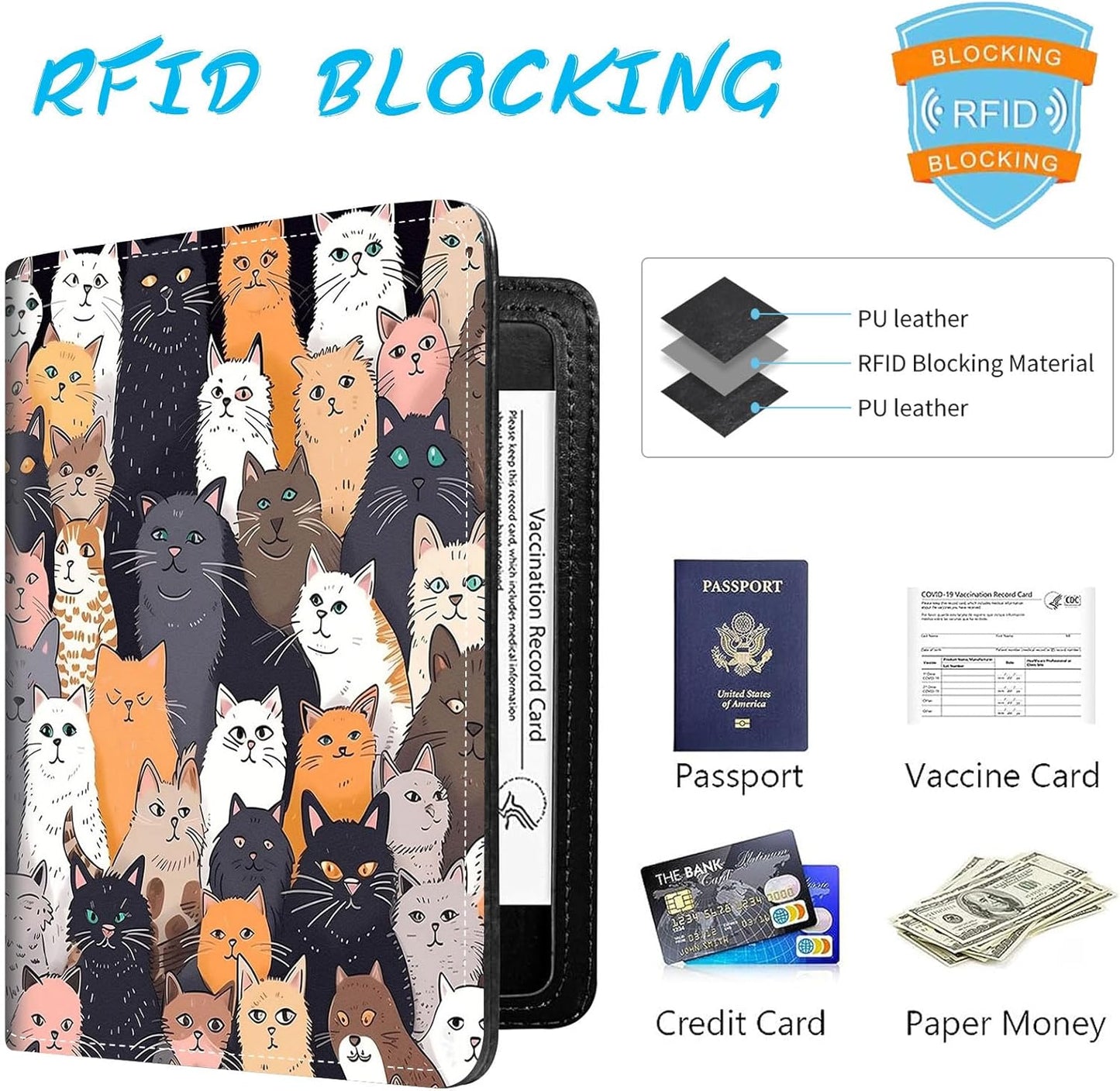 Passport Holder Cover Wallet Travel Essentials RFID Blocking Case Leather Passport Cover Wallet Vaccine Card Slot Organizer for Men Women, Cats