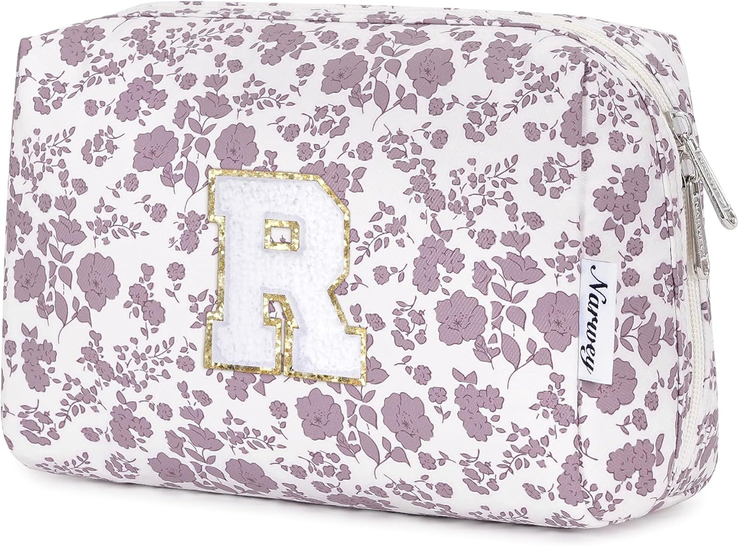 Narwey Birthday Gifts for Teen Girls Kids Women Personalized Initial Floral Makeup Bag Cute Cosmetic Trendy Stuff 6 8 10 11 12 13 14 16 18 Years Old Travel Toiletry Bag (Little Dusty Pink Flower R)