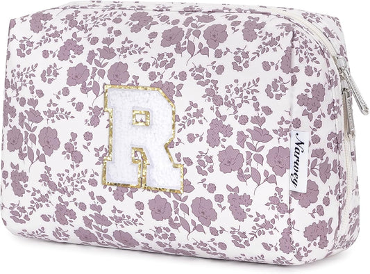 Narwey Birthday Gifts for Teen Girls Kids Women Personalized Initial Floral Makeup Bag Cute Cosmetic Trendy Stuff 6 8 10 11 12 13 14 16 18 Years Old Travel Toiletry Bag (Little Dusty Pink Flower R)
