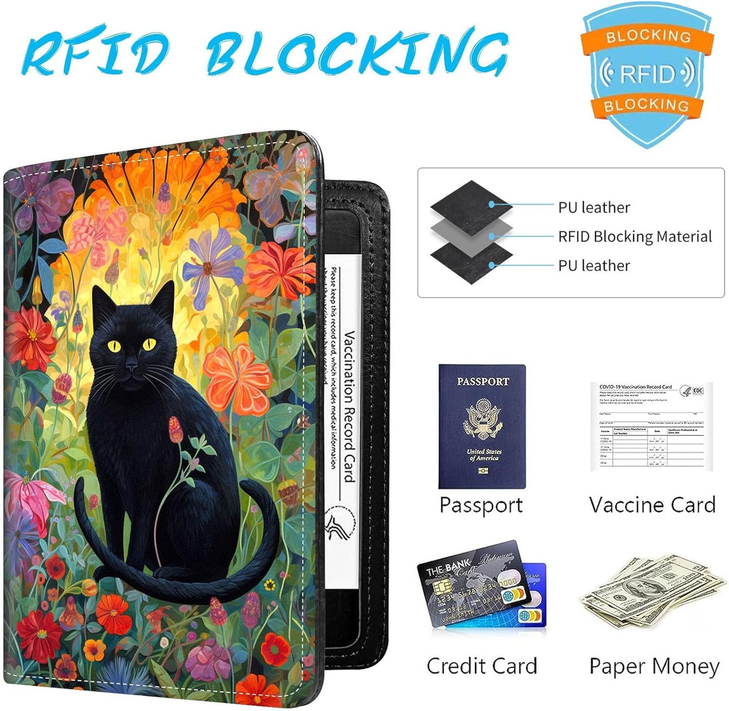 Passport Holder Cover Wallet Travel Essentials RFID Blocking Case Leather Passport Cover Wallet Vaccine Card Slot Organizer for Men Women, Cat Floral