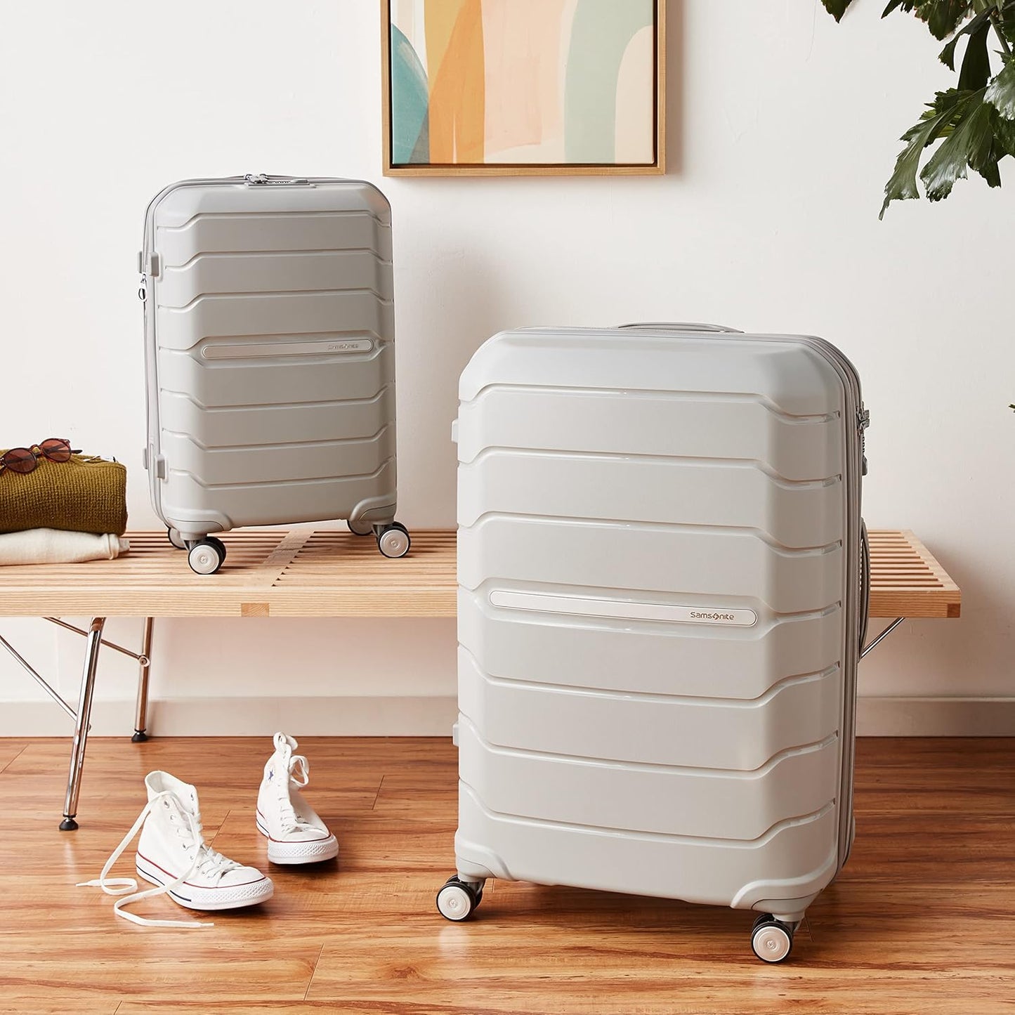 Samsonite Freeform 2-Piece Luggage Set - Carry-On & Large Checked Luggage with Dual Spinner Wheels - Durable Polypropylene Hardshell - TSA Lock, Airline-Approved - Expandable Hard Shell - Light Grey