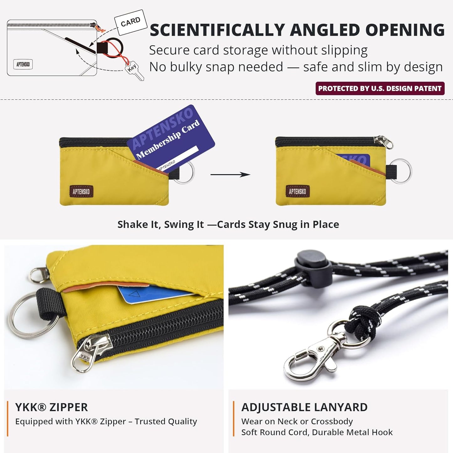 RFID Travel Wallet with Adjustable Lanyard-Zipper Small Wallet with ID Card Holder, Keychain for women&men-Minimalist Slim Waterproof Nylon case for ID, Cash, Key (Dark Yellow)