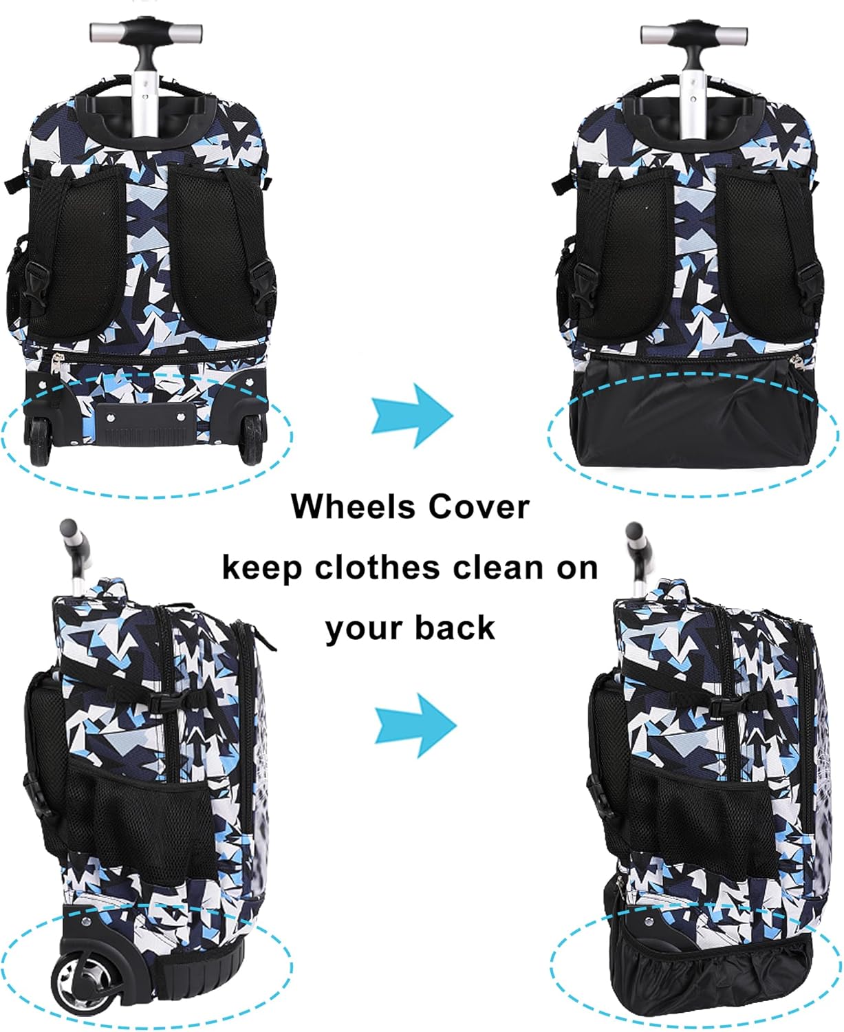 Tilami Rolling Backpack, 18 inch Shoulder Drop, Concealed Pockets and Wheel Cover, Laptop Backpack for Boys and Girls, Leopard Black