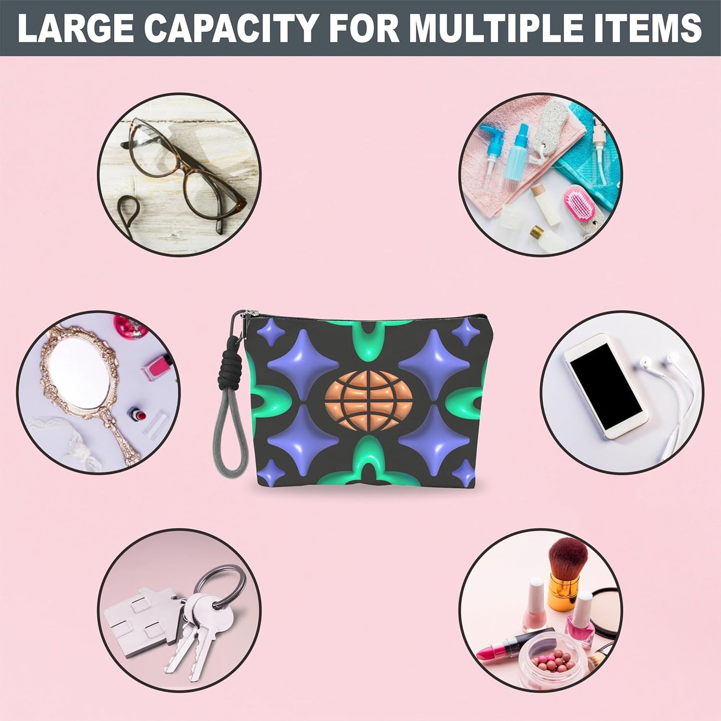 Make Up Bag, Cosmetic Bag With Hand Strap- Futuristic Stars & Clove - Lined Toiletry Bag For Woman - Travel Pouch, Organizer With Zipper, Woman Essentials & Accessories - A02