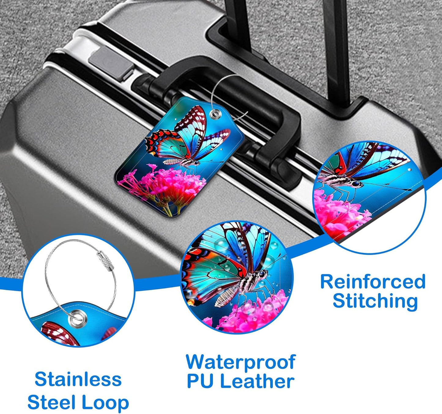 2 Pcs Luggage Tags for Suitcases, Butterfly on Pink Flower Leather Bag Tags for Luggage Privacy Cover Name ID Label with Stainless Steel Loop Cruise Airport Travel Essentials