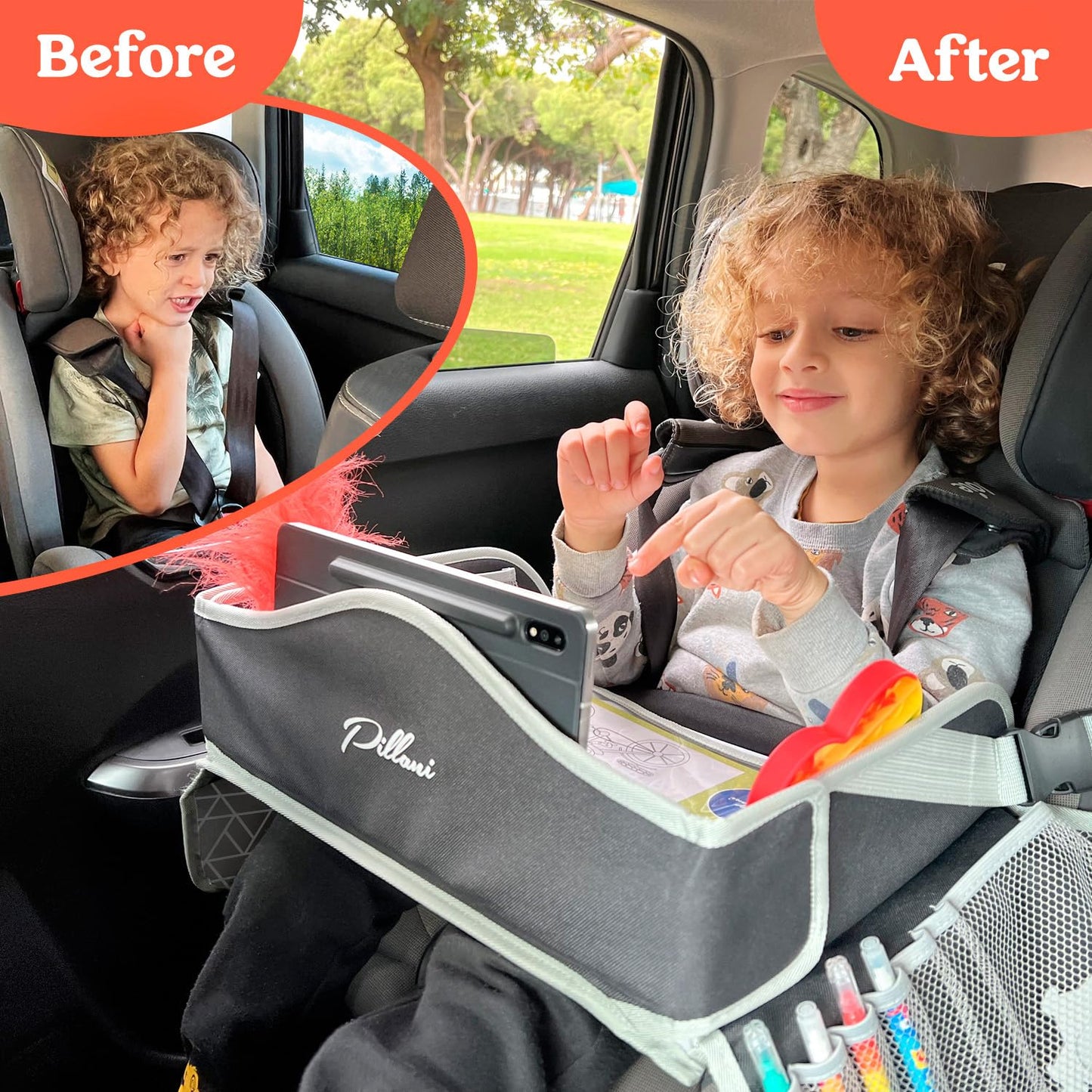 PILLANI Kids Travel Tray for Car - Car Seat Tray with Activity Sheets & Pens, Road Trip Essentials