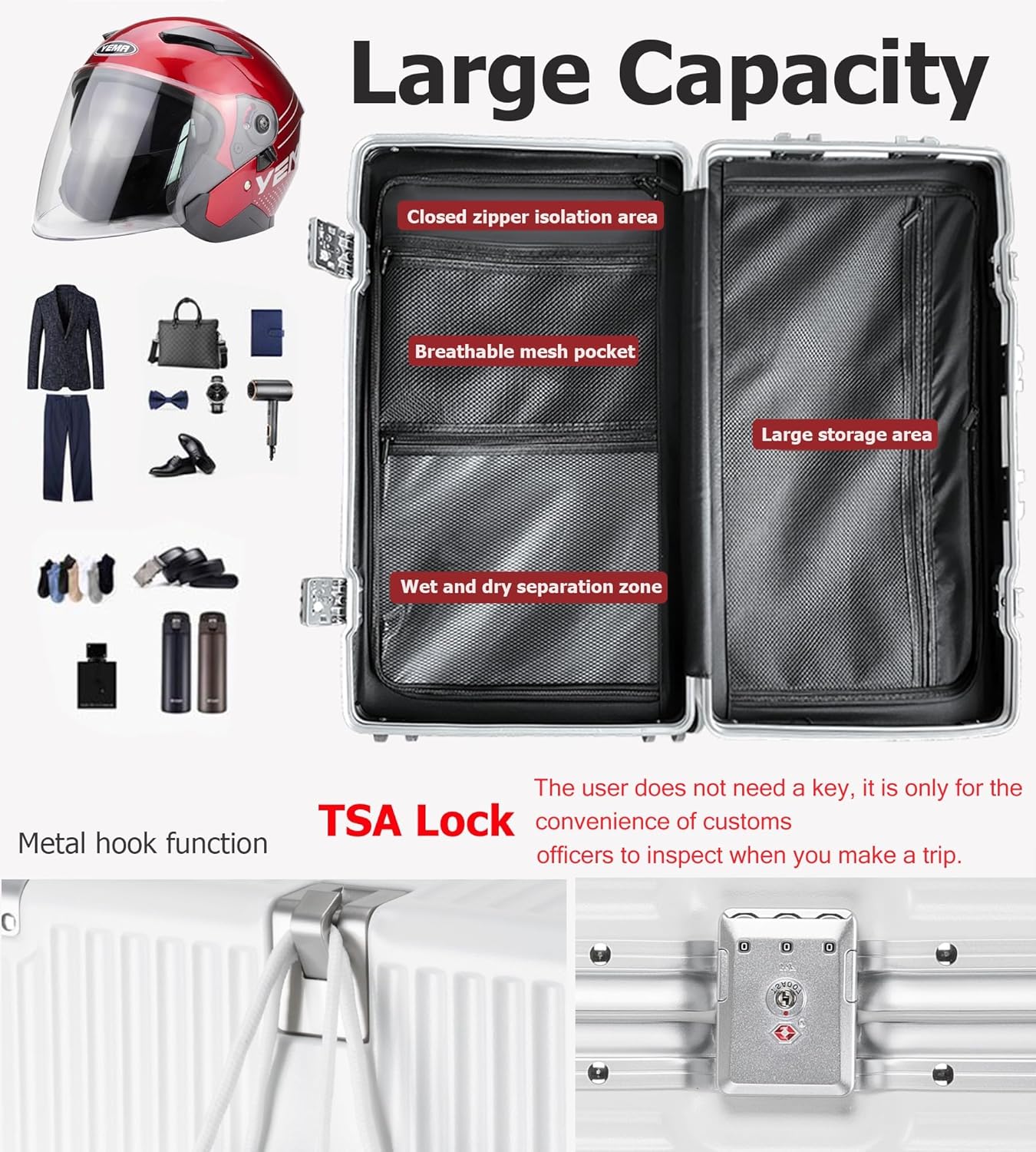 feilario 29in Super Large Captain Aluminum Frame Hardside Spinner Wheels Luggage, Removable Wheels Zipperless Checked Suitcase with Cup Holder/Phone Holder