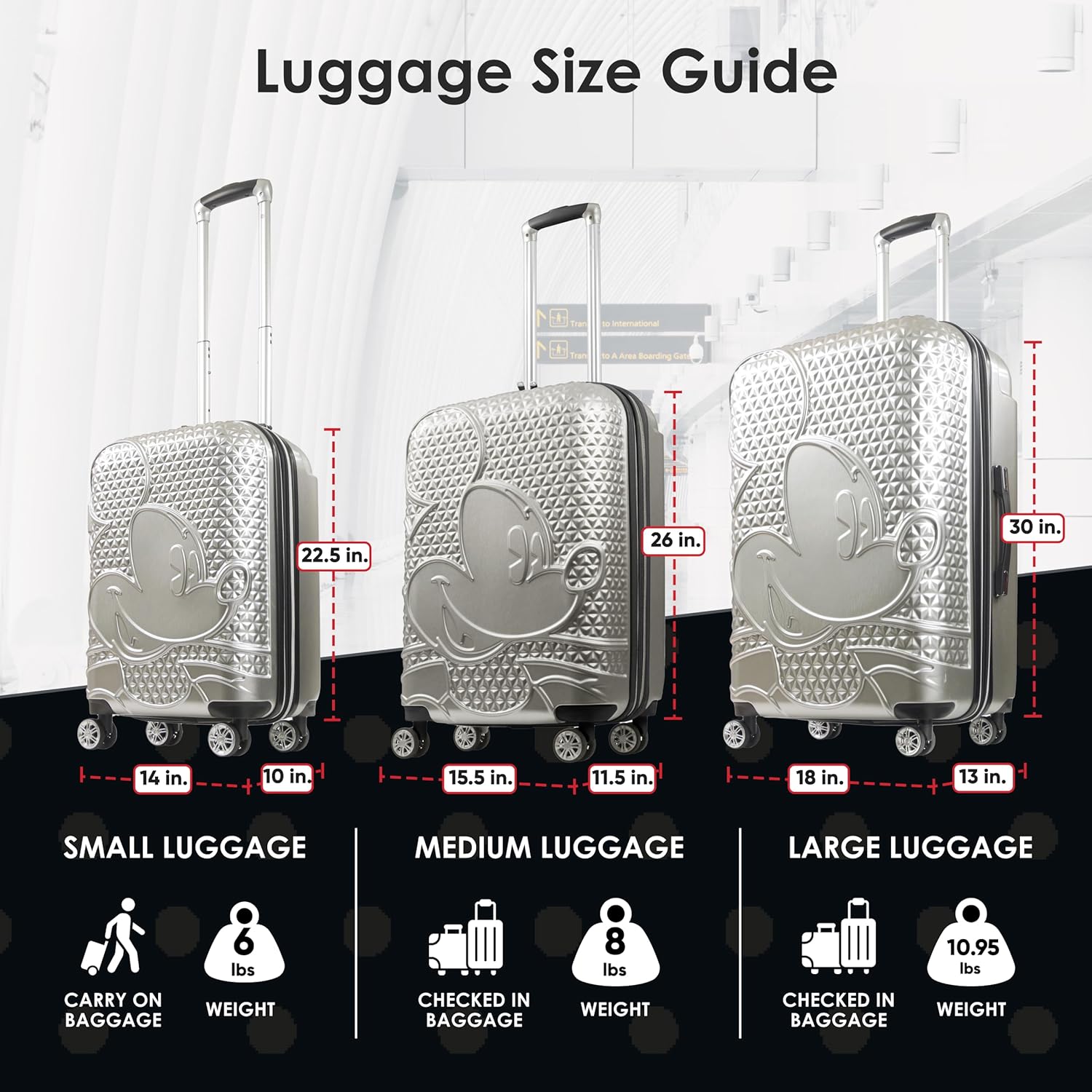 FUL Disney 30 Inch Rolling Luggage, Hardshell Suitcase with Spinner Wheels, Mickey Mouse-Silver