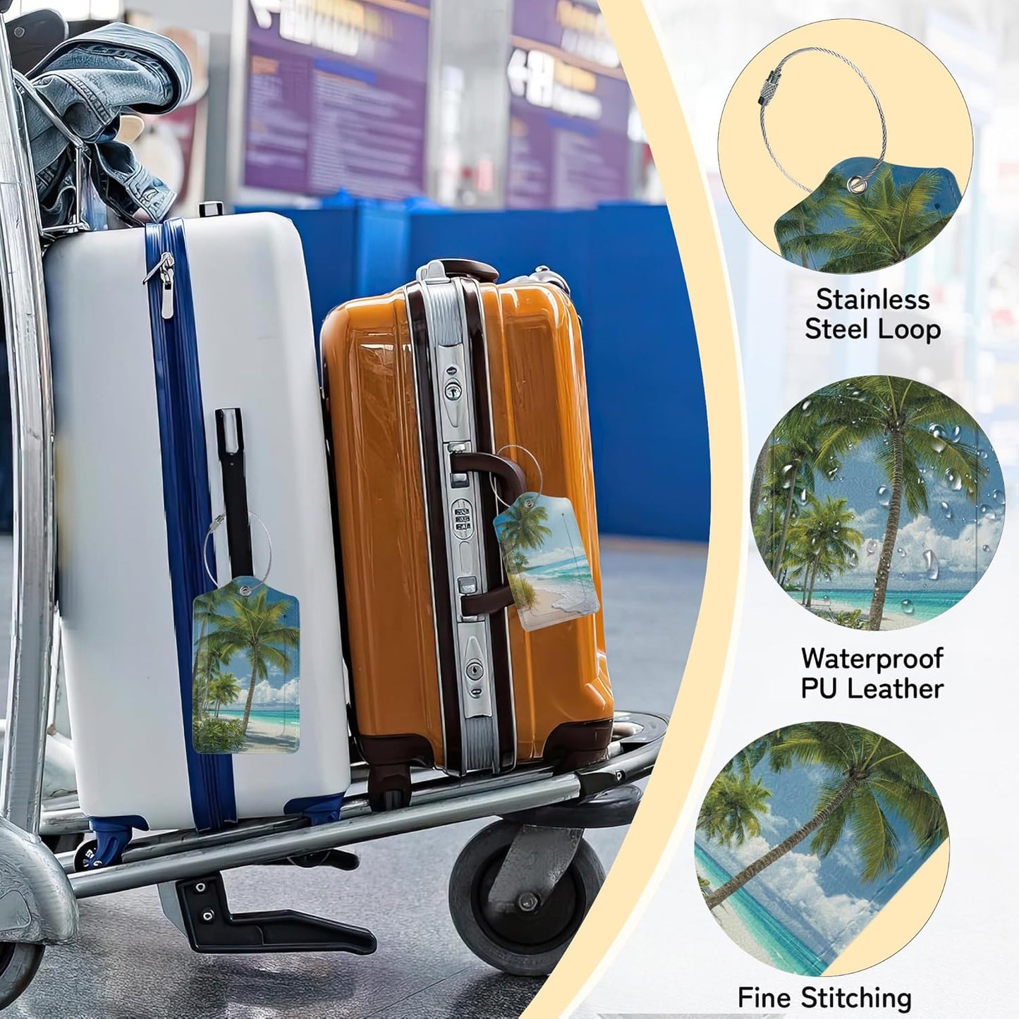 3 PCS Hawaii Summer Beach Luggage Tags,Palm Tree Suitcase Tags Privacy Cover ID Label with Stainless Steel Loop and Address Card for Travel Bag Suitcase