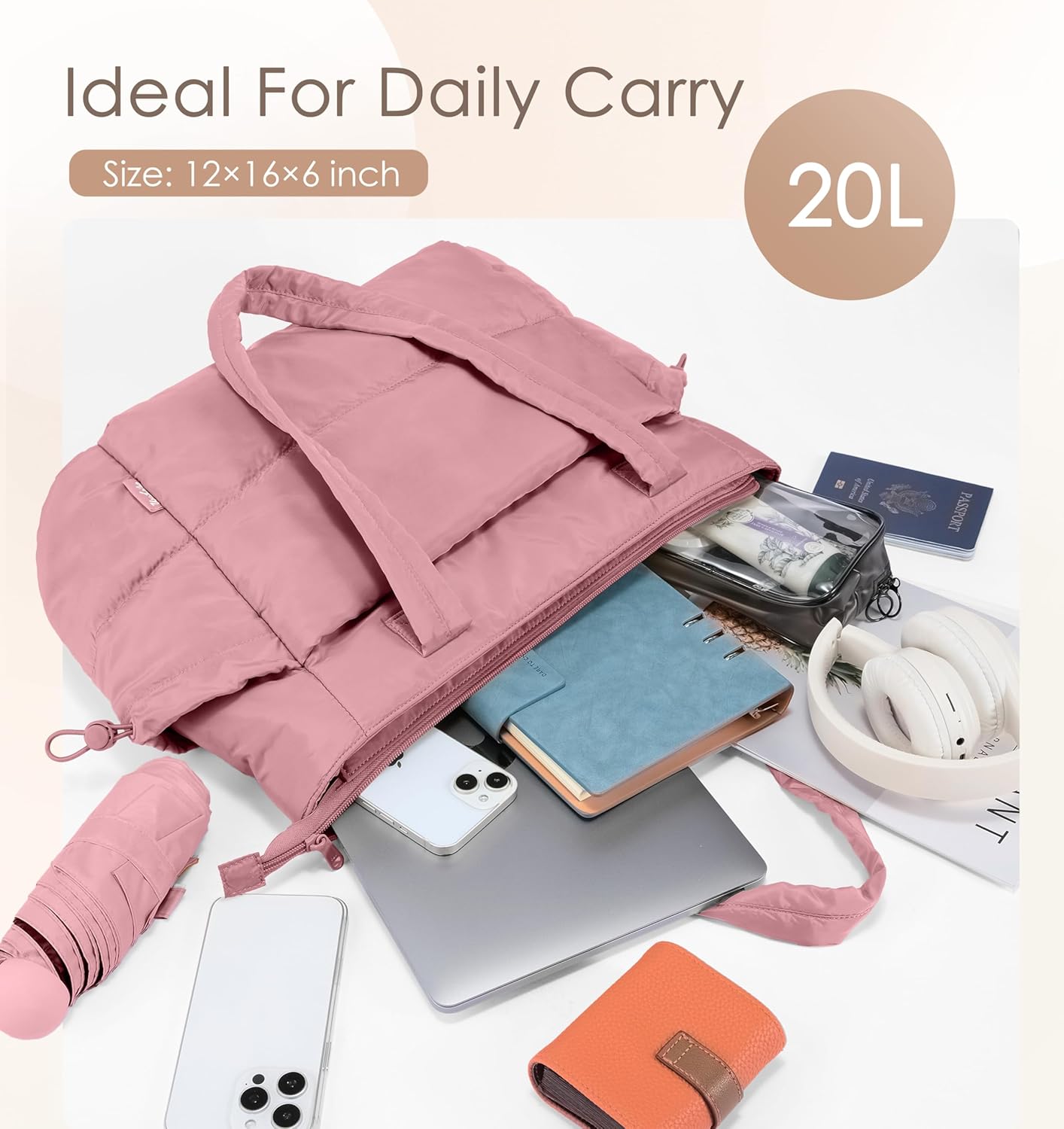 Tote Bag for Women Puffy Work Bags for Women with Zipper Lightweight Quilted Puffer Tote Bag for Travel, Teacher, Nurse