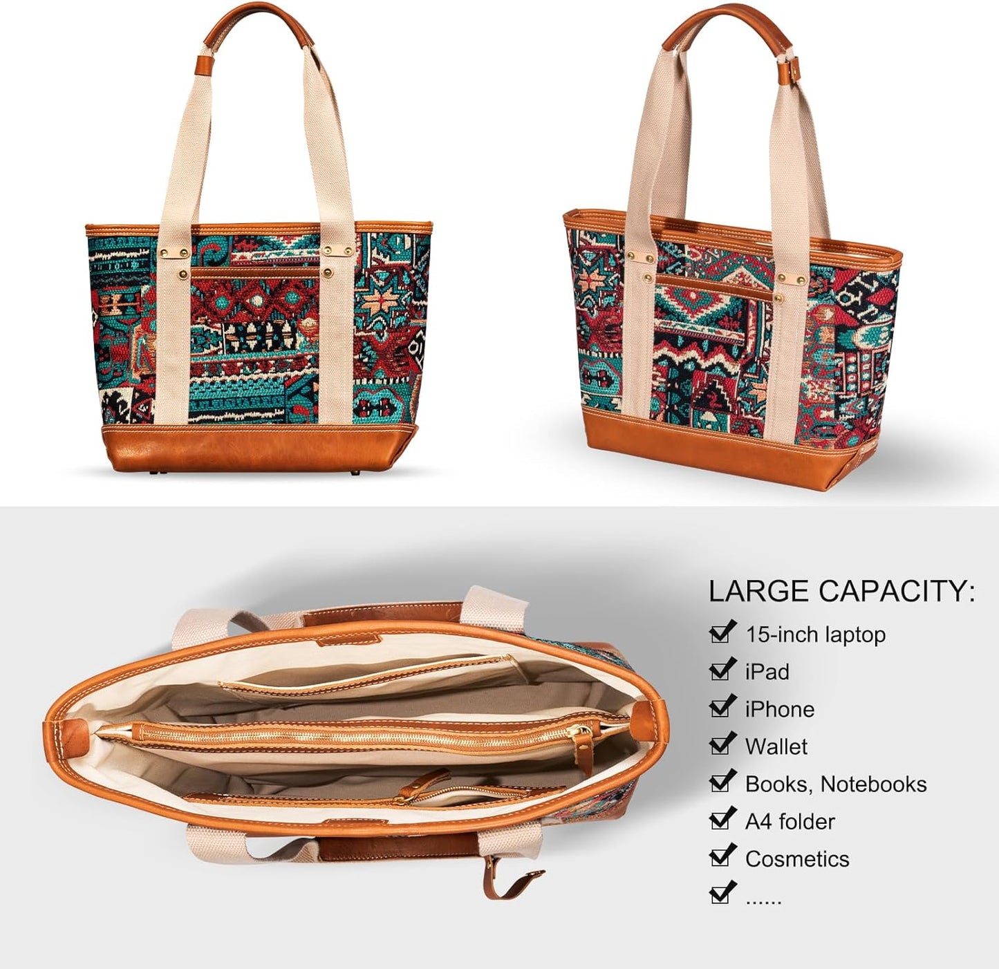 Tote Bag for Women, Canvas with Leather Handbag for Travel, Magnetic Closure,Inner Zipper Pocket