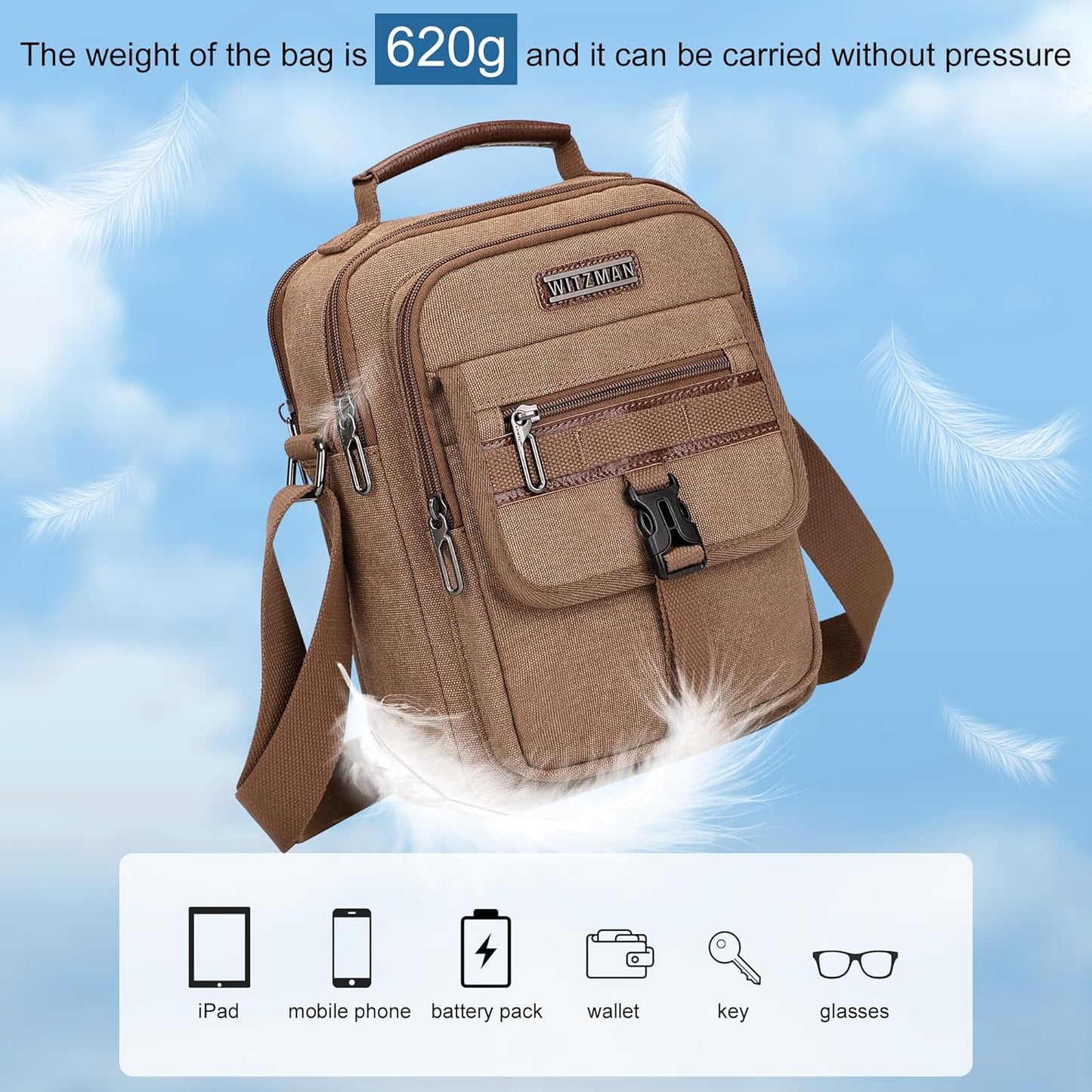 WITZMAN Crossbody Bag for Men Canvas Messenger Bags Vintage Man Purse Small Casual Shoulder Bag for Work Traveling（A8014 Brown）