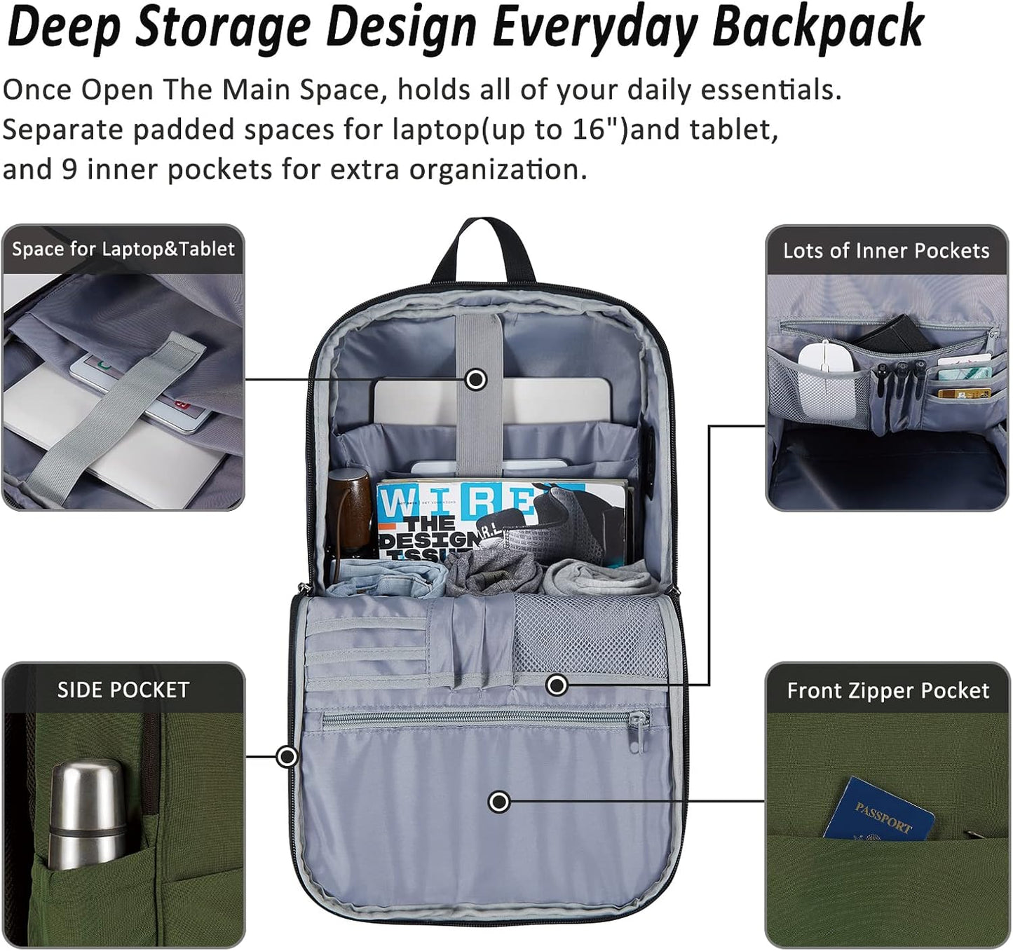 MAXTOP Deep Storage Laptop Backpack with USB Charging Port[Water Resistant] College Computer Bookbag Fits 16 Inch Laptop