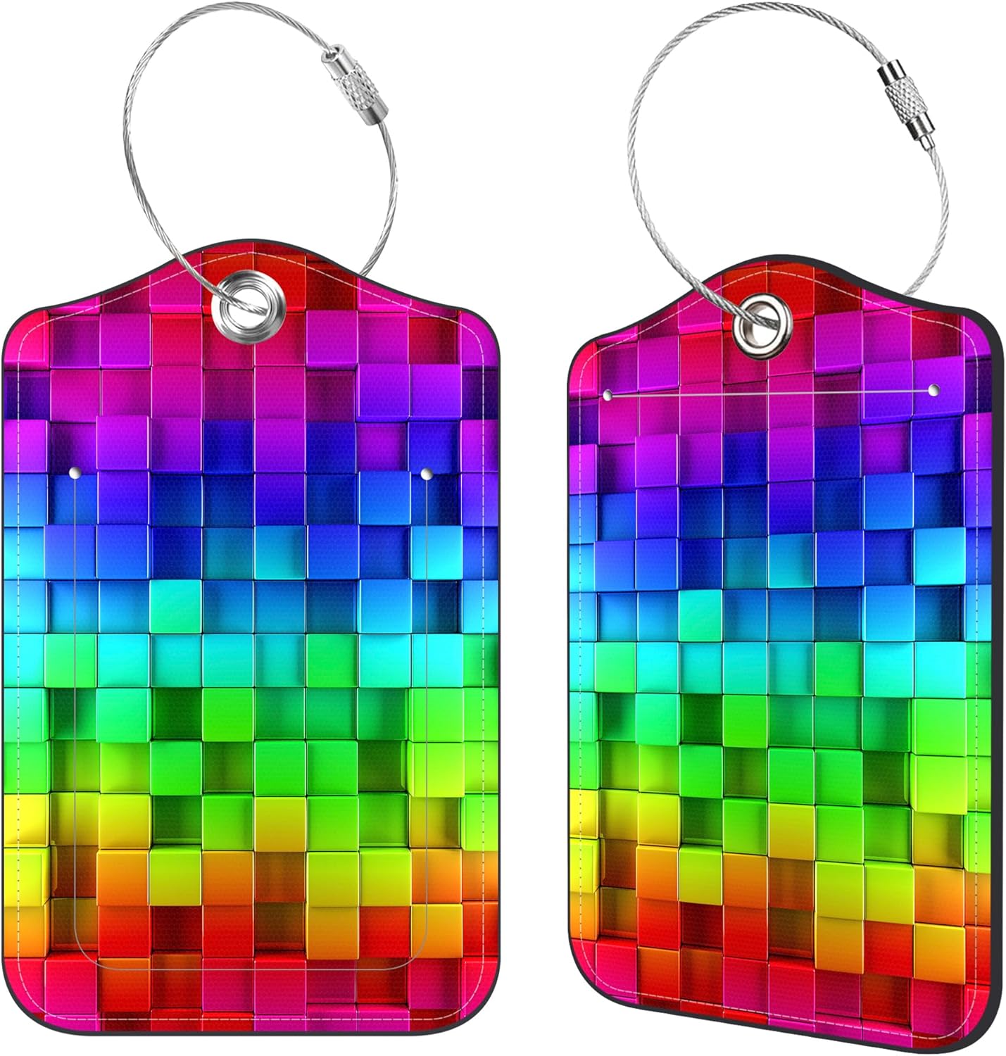 2 Pcs Luggage Tags for Suitcases, Color Grid Leather Bag Tags for Luggage Privacy Cover Name ID Label with Stainless Steel Loop Cruise Airport Travel Essentials