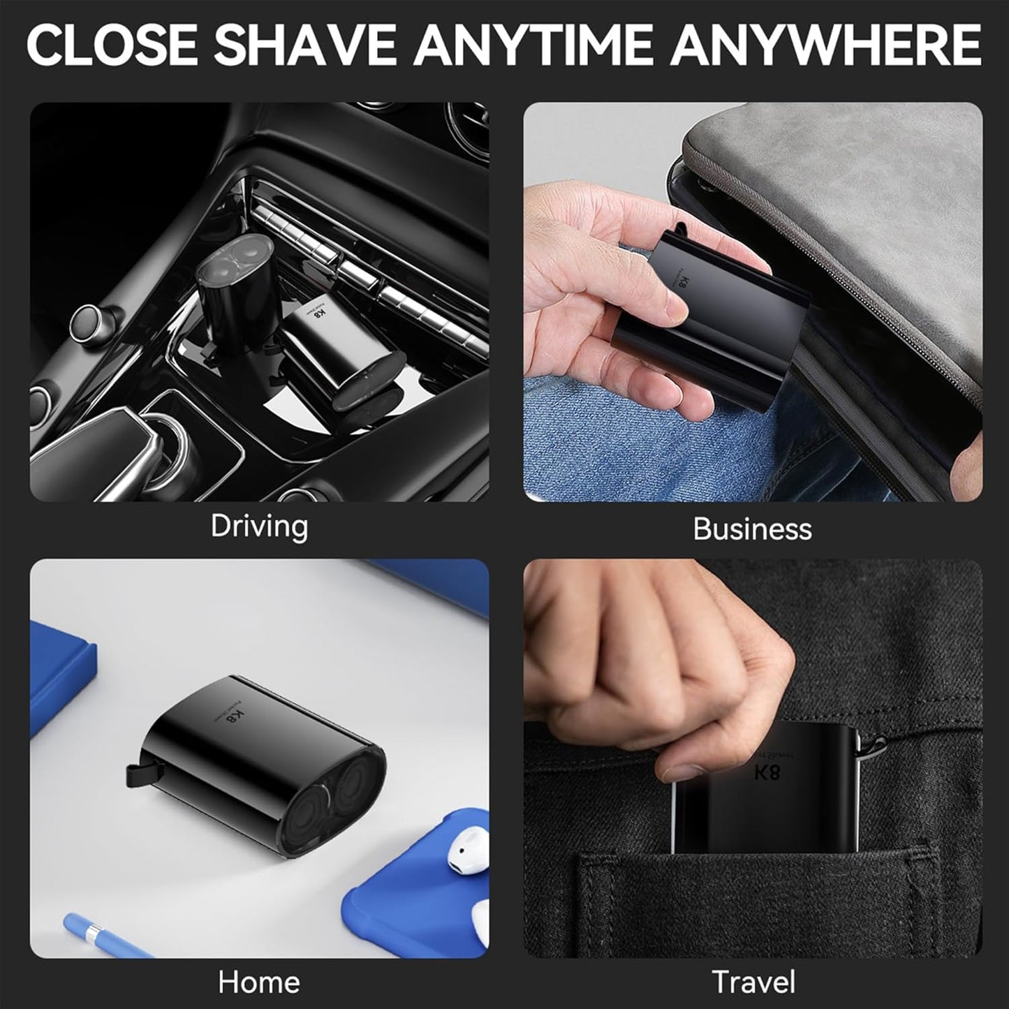Electric Razor for Men, Mens Electric Shaver for Face, Hidden Blade, Type-C, Ipx7 Waterproof, Portable Rotary Close Shavers for Travel, Black, K8