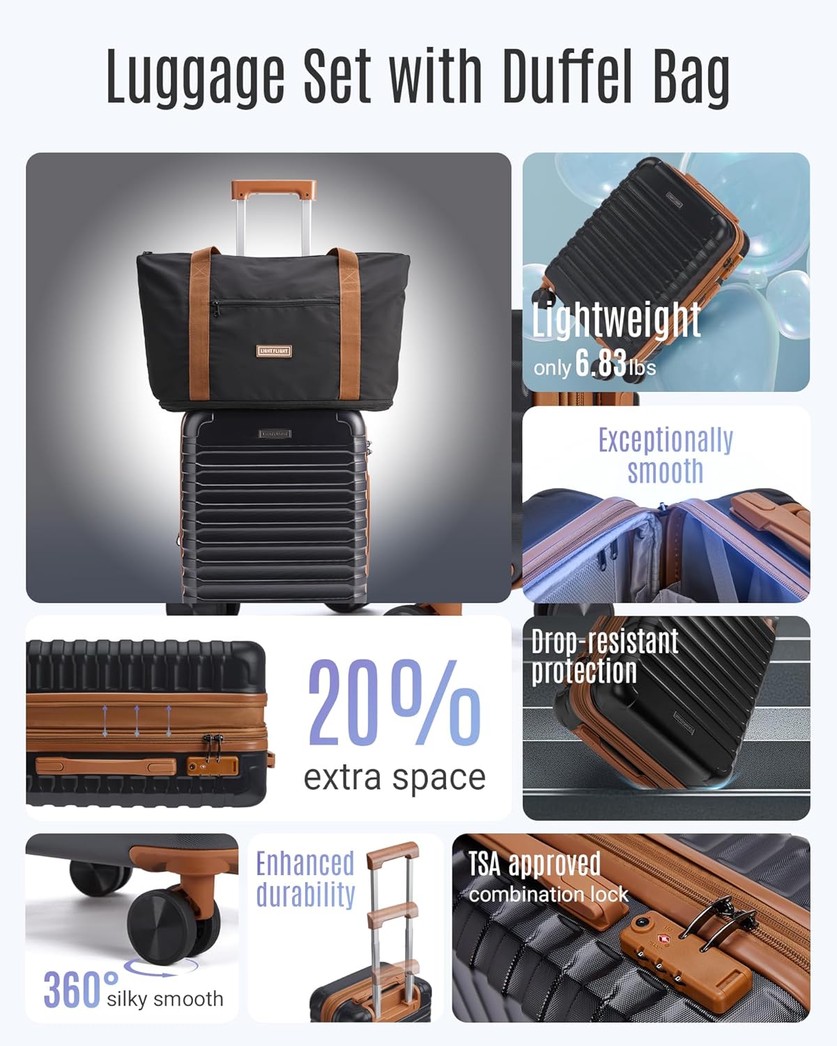 LIGHT FLIGHT Luggage Sets, Carry On Luggage 22x14x9 Airline Approved, Carry On Travel Bag Suitcases with Wheels, Expandable Hardside Lightweight Rolling with TSA Lock 2-Piece Set (DB/20),Black/Brown
