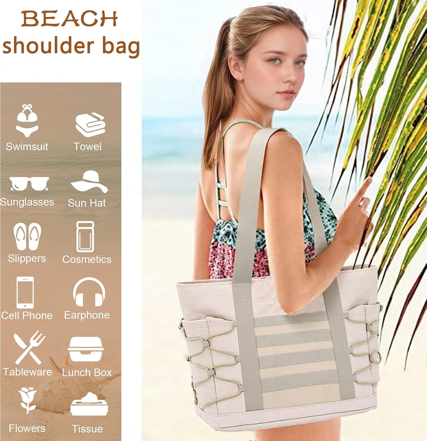 Travel Tote Bags for Women - Foldable Beach Bag Waterproof Zipper Gym Sports Shopping Bag with Trolley Sleeve
