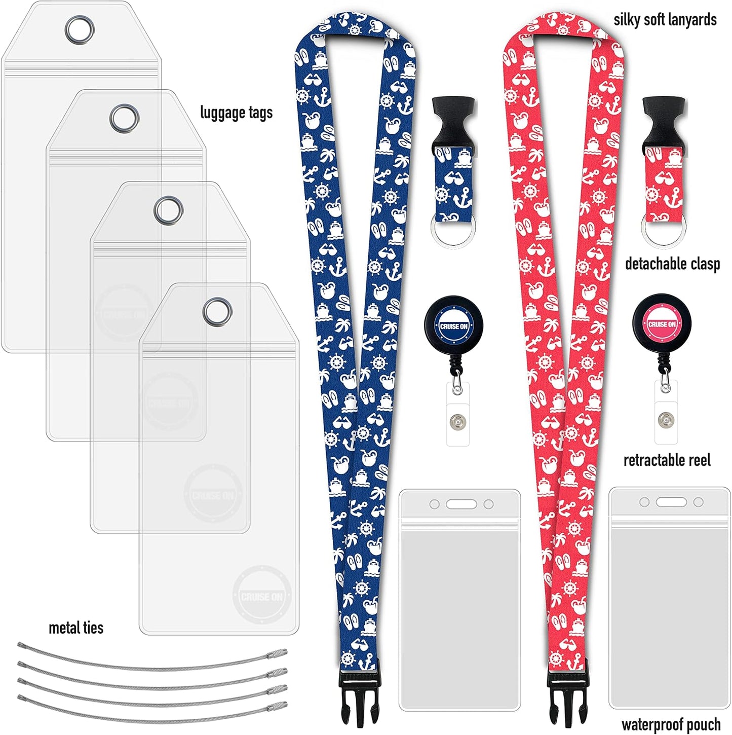 Carnival Cruise Luggage Tag Holders (4 Pack) & Lanyards (2 Pack), Large, Clear & Waterproof, Cruise Essentials 2025-2026 for Ship Cards & Baggage – Durable Travel Accessories (Blue and Pink Icons)