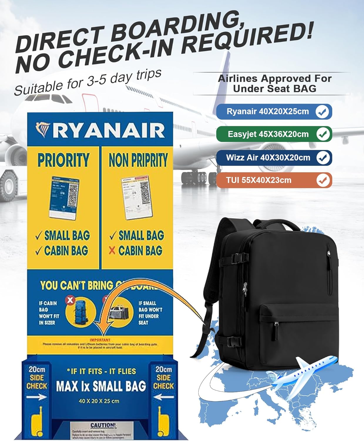 VGCUB Travel Backpack for Women Men for Spirit Airlines Personal Item Bag 18x14x8 Inches Laptop College Waterproof Carry on Flight Approved Work Backpack Mochila de Viaje,Large Black