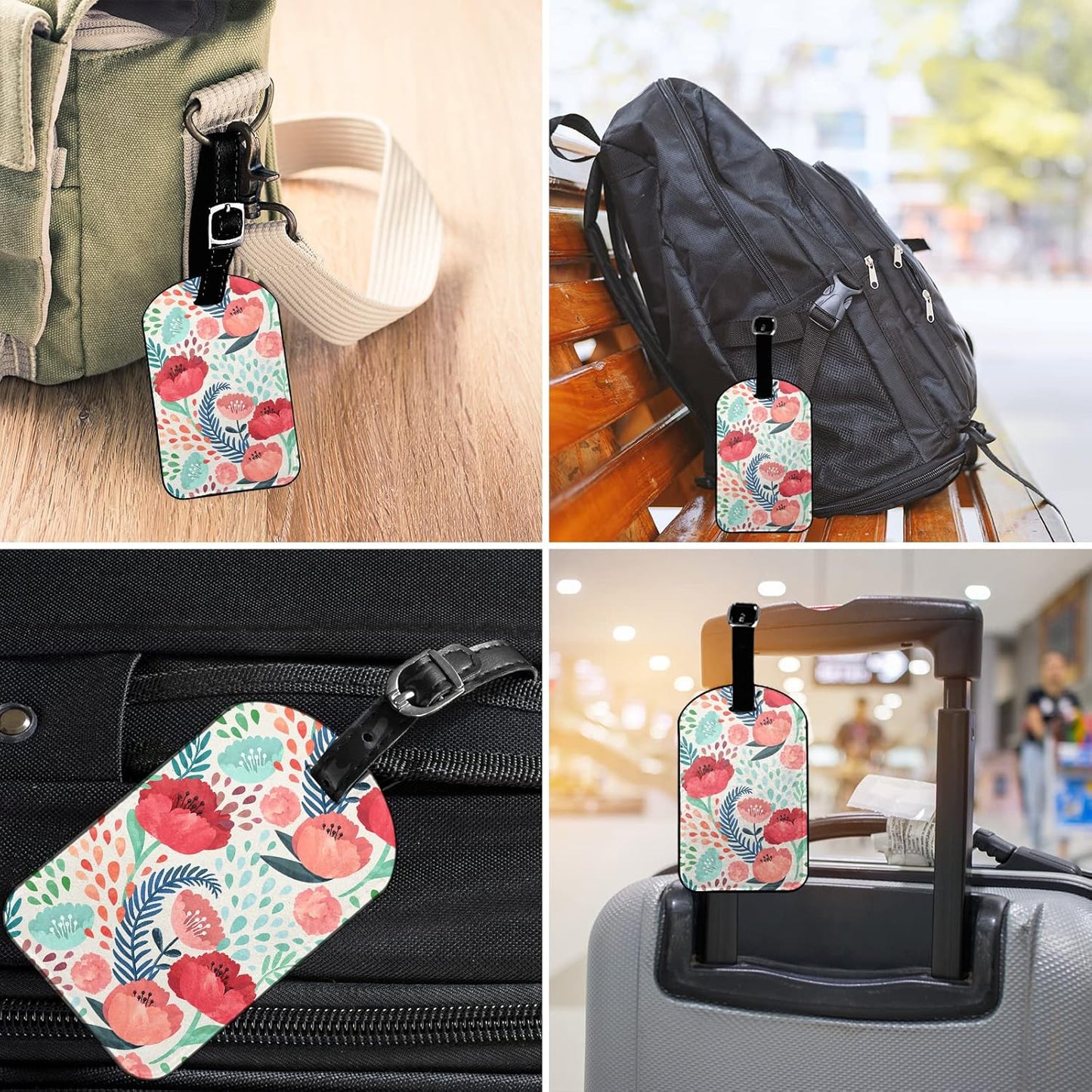 Colorful Flowers Travel Bag Tag Green Leaves Plants Beauty PU Leather Name ID Labels with Privacy Cover for Men Women Suitcase, 1 Pack