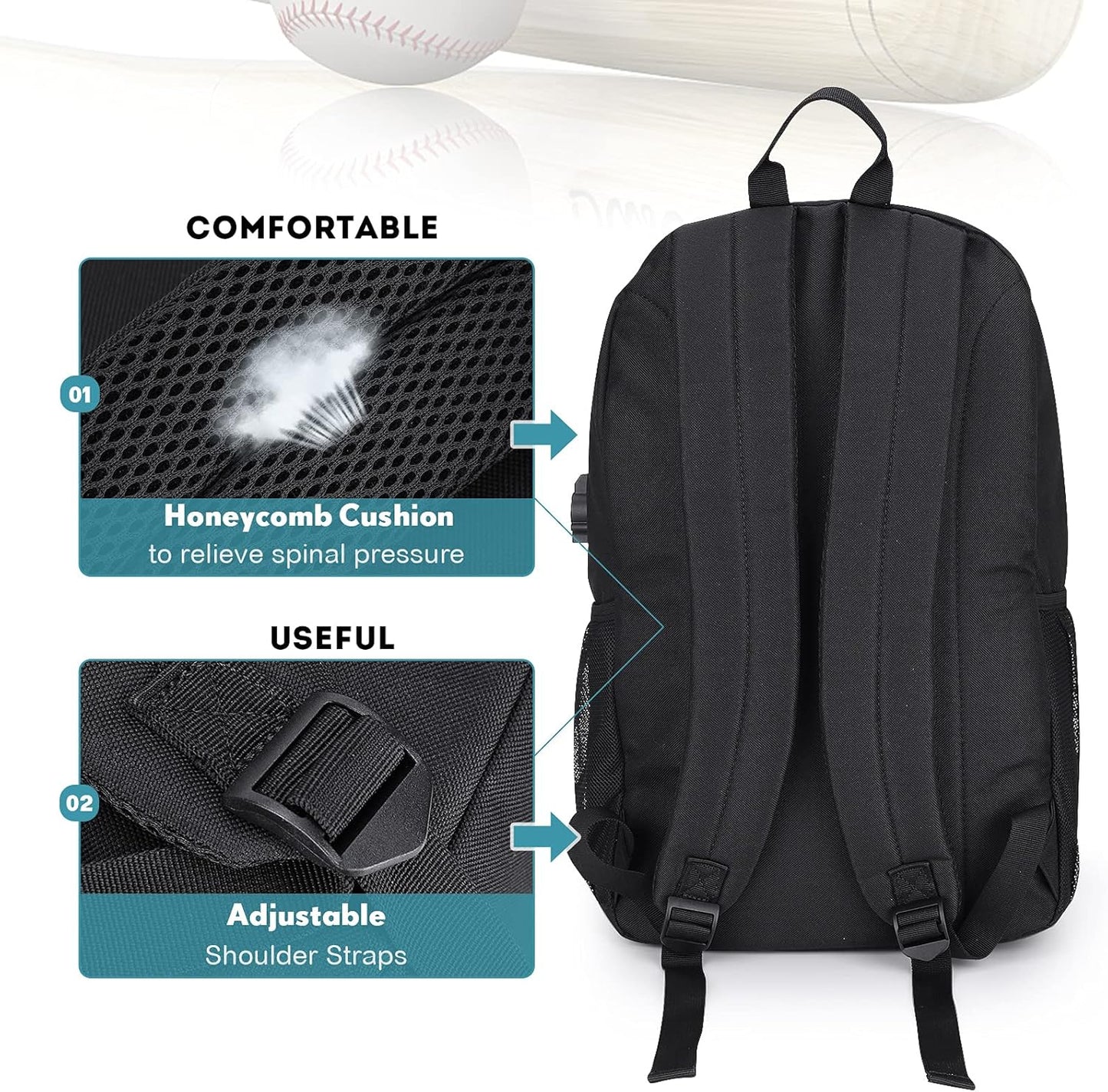 Kids Backpacks for Boys, Elementary School College Bookbag Lightweight Laptop Bag Baseball Anime Luminous Backpack with USB Charging Port, Anti Theft Lock and Pencil Case, Black