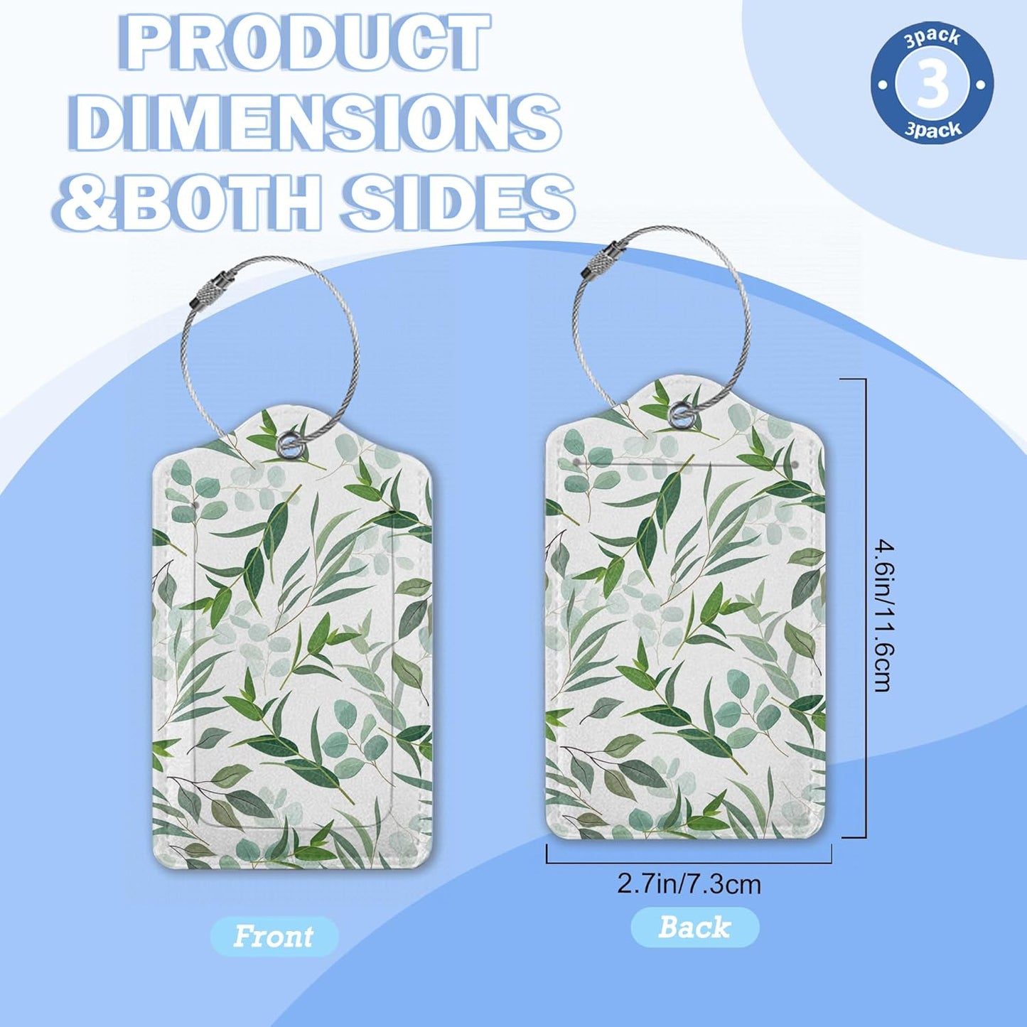 Luggage Tags for Suitcase,3 Pack Eucalyptus Gold Branches Luggage Tag with Privacy Flap,Name ID Label and Metal Loop for Women Men Teens Travel
