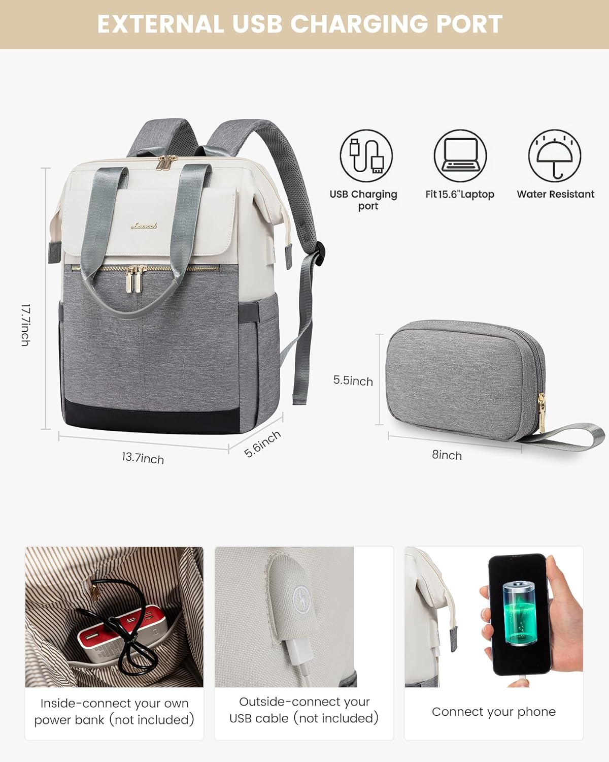 LOVEVOOK Laptop Backpack for Women, 15.6 Inch Work Laptop Bag with USB Port, Fashion Teacher Nurse Backpack Purse, Waterproof Travel Computer Backpack with Organizer Bag, 2PCS, Beige-Grey