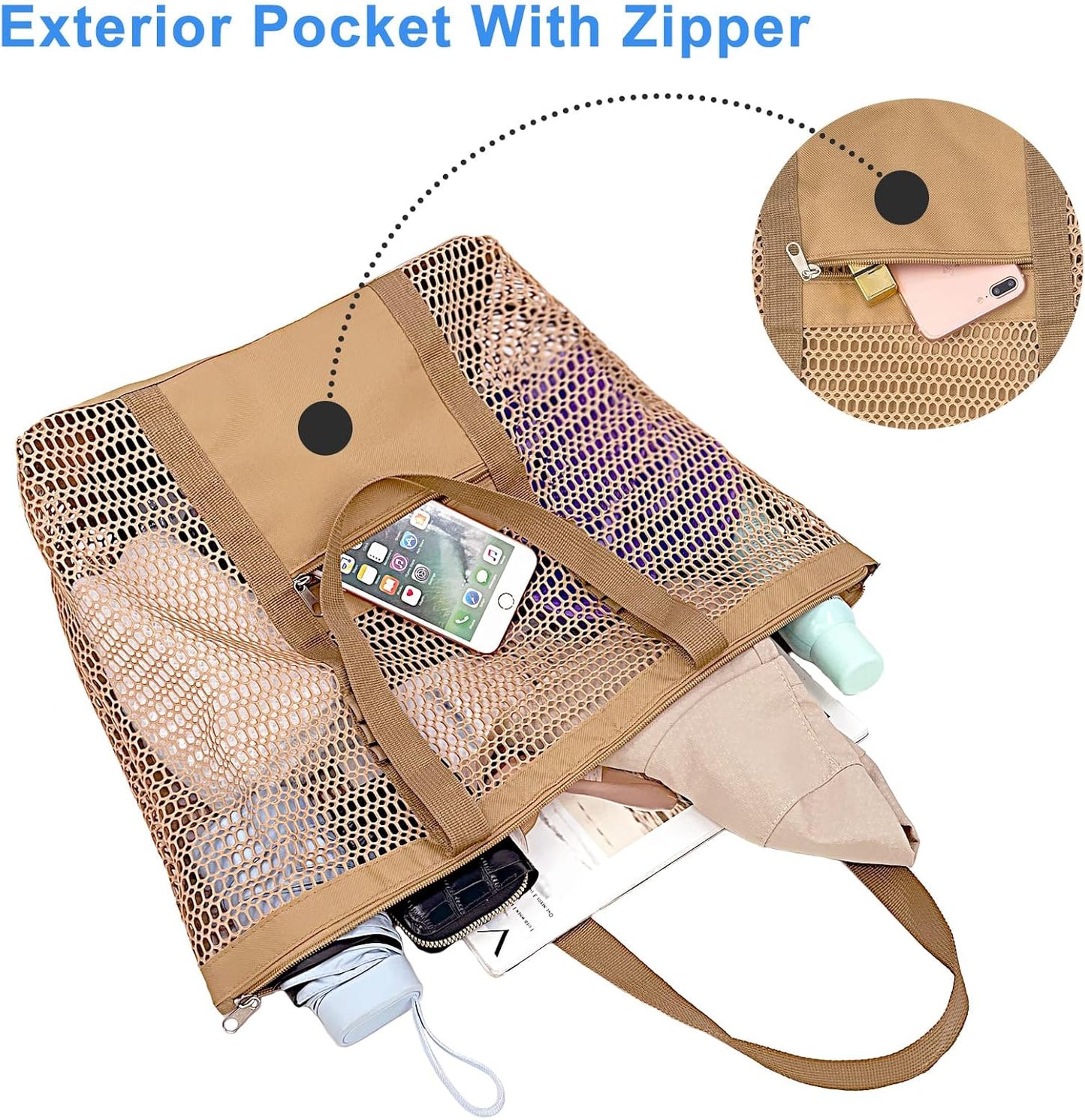 Mesh Beach Bags for Women with Zipper Foldable Hobo Tote Bag Vacation Shoulder Bags for Swimming Pools