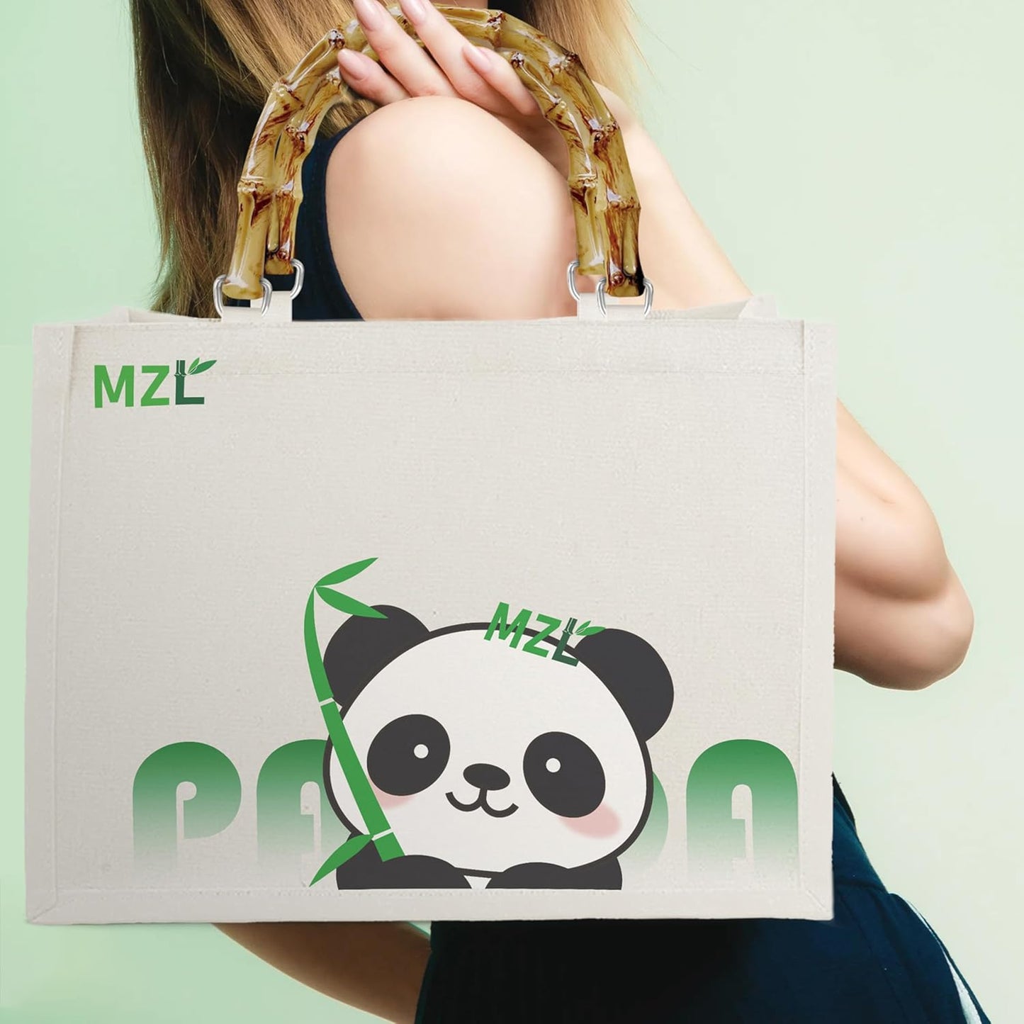 MZLBAMBOO-Tote Bag For Women, Tote Purse And Shoulder Bag, Capacity Eco-Friendly Canvas Bags, Bamboo Handle, Panda Print