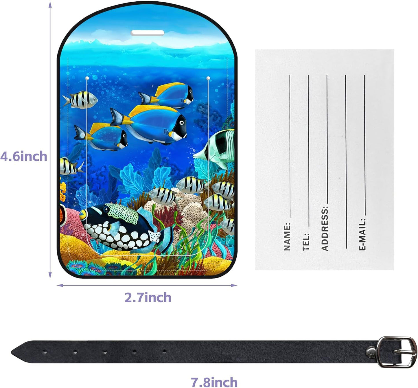 2 Pack Luggage Tags Tropical Fish PU Leather Baggage Handbag Suitcase Tags with Secure Strap Privacy Cover ID Labels,Business Travel Baggage Tag Identifier