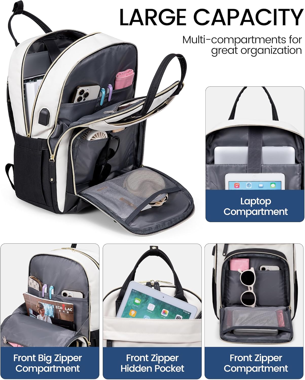 LOVEVOOK Backpack for Women,Laptop Backpack Women,Fits 15.6 Inch Laptop Bag,School Backpacks,Fashion Travel Work Anti-theft Bag,Waterproof Business Computer College Backpack Purse,Black-Off-white