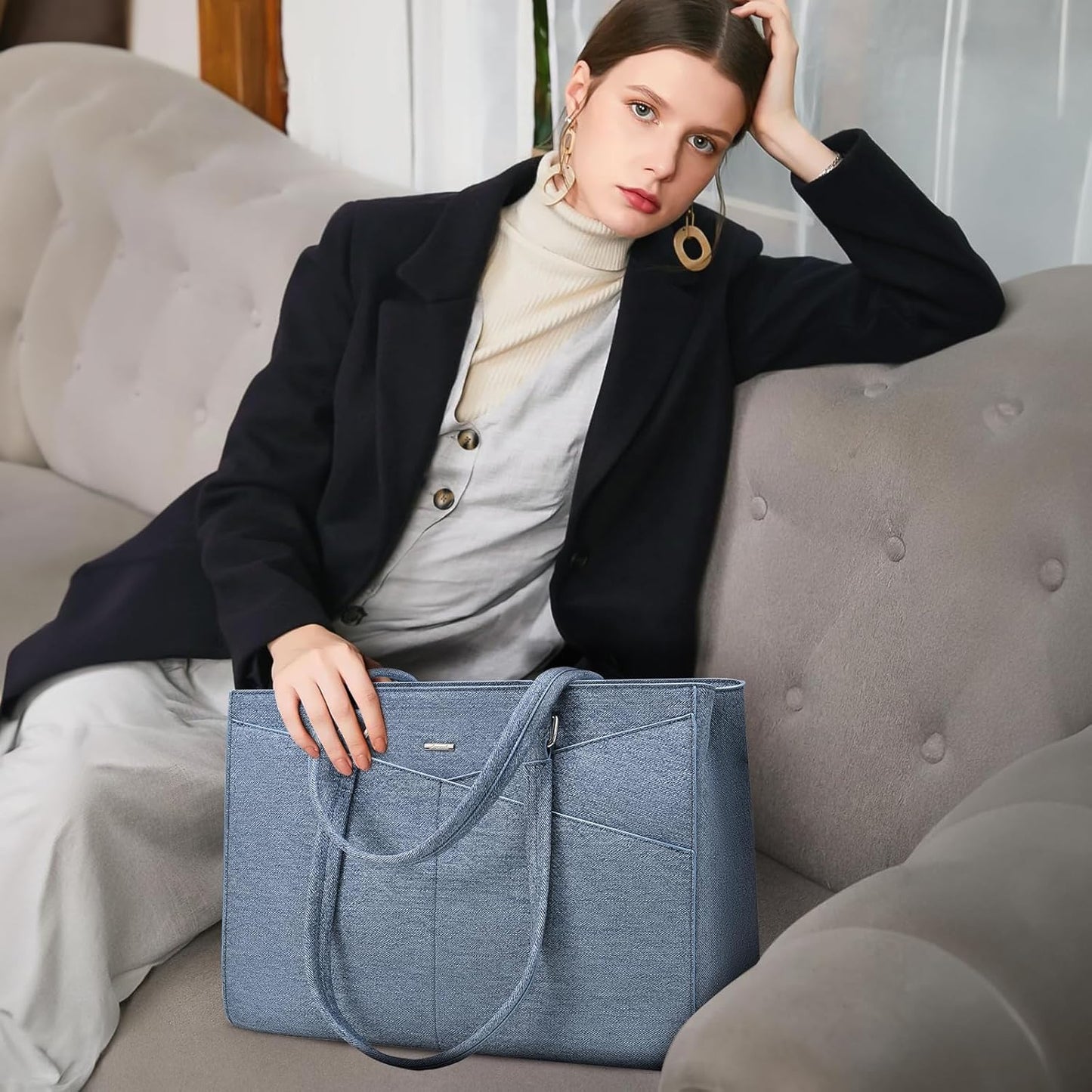 LOVEVOOK Laptop Bag for Women, 15.6 inch Leather Laptop Tote Work Teacher Bags Computer Shoulder Bag,Leather Denim Blue