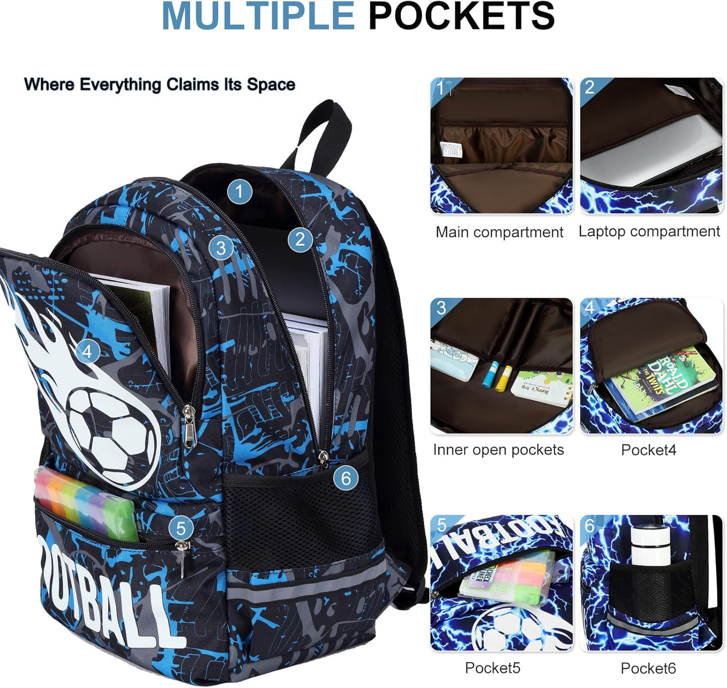 Octsky Kids School Backpack for Boys, Luminous Soccer Backpack Bookbag with Lunch Box, Blue