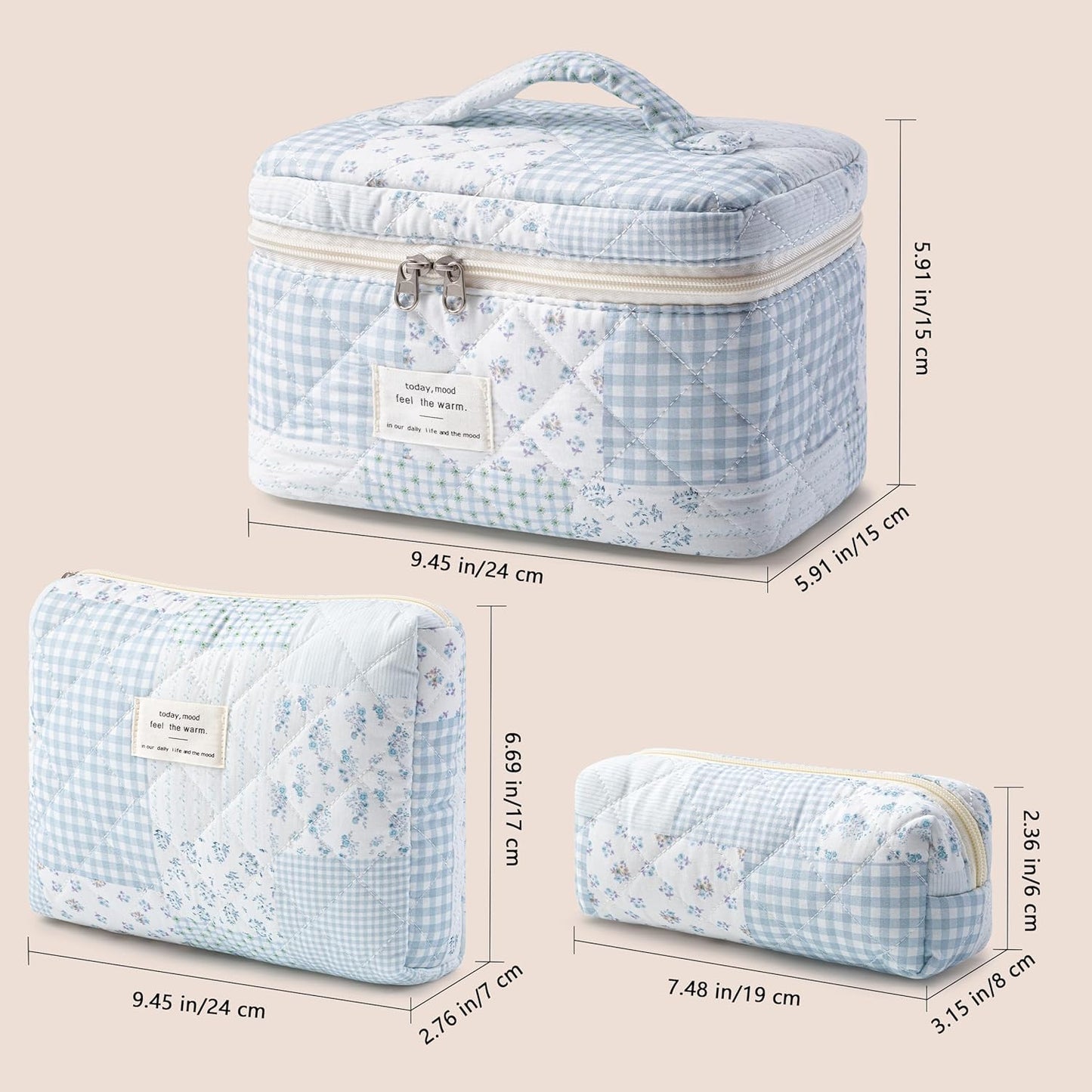 HBselect Quilted Makeup Bag, 3PCS Cotton Large Travel Makeup Bag, Cute Floral Coquette Make up Bag Cosmetic Bag Toiletry Bag for Women Girls