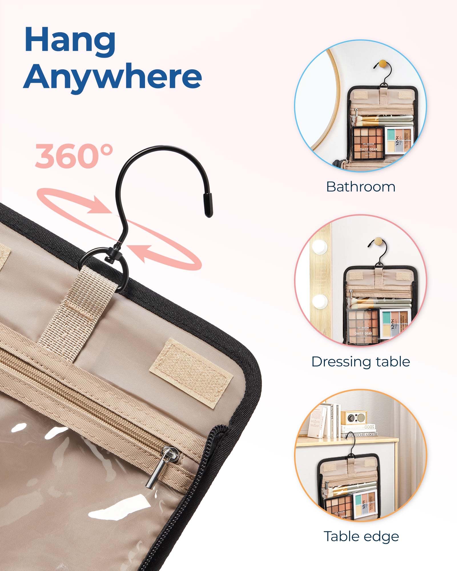 BAGSMART Makeup Bag for Women with Hanging Hook - Portable Cosmetic Case, Large Capacity Door Room