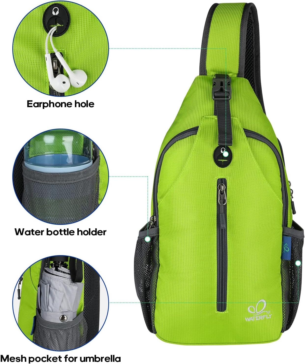 WATERFLY Crossbody Sling Backpack Sling Bag Travel Hiking Chest Bag Daypack