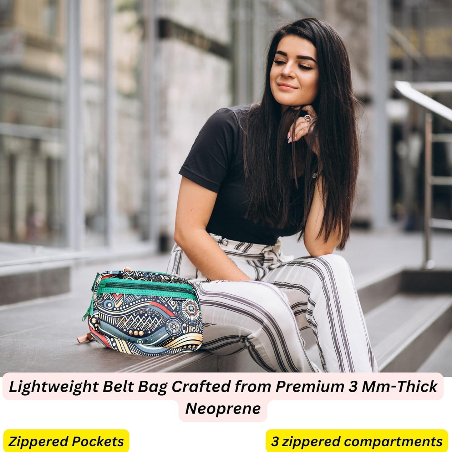 Yewande&co Neoprene Fanny Pack Belt Bag – Lightweight Waterproof Waist Bag with Adjustable Strap, 3 Zippered Pockets, Crossbody Belt Bag for Travel, African Design Crossbody Bags (River)