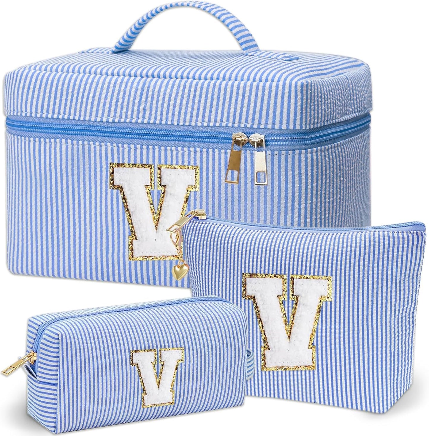 Personalized Monogram Makeup Bag, 3PCS Custom Monogrammed Toiletry Cosmetic Bag for 6-18 Teen Girls Women,Birthday Graduation Gifts Initial Pouch Makeup Bags for Women Girls, Make Up Bag (V, Blue)