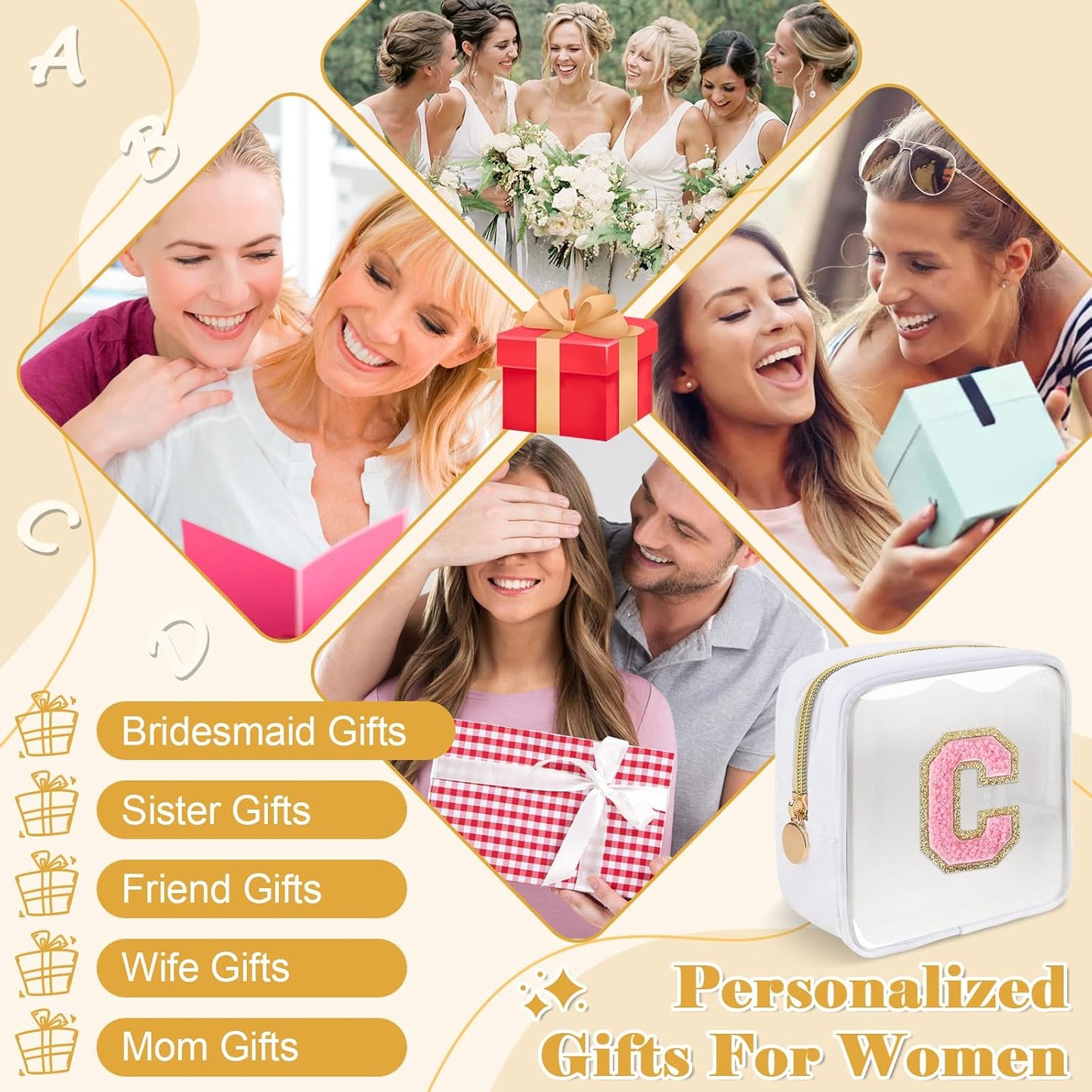 Personalized Initial Letter Clear Preppy Makeup Bag,Mini Nylon Chenille Letter Cosmetic Bag Cute Zipper Pouch Purse for Teen Girls,Portable TSA Approved Beach Travel Essentials Bag Gift for Women,C