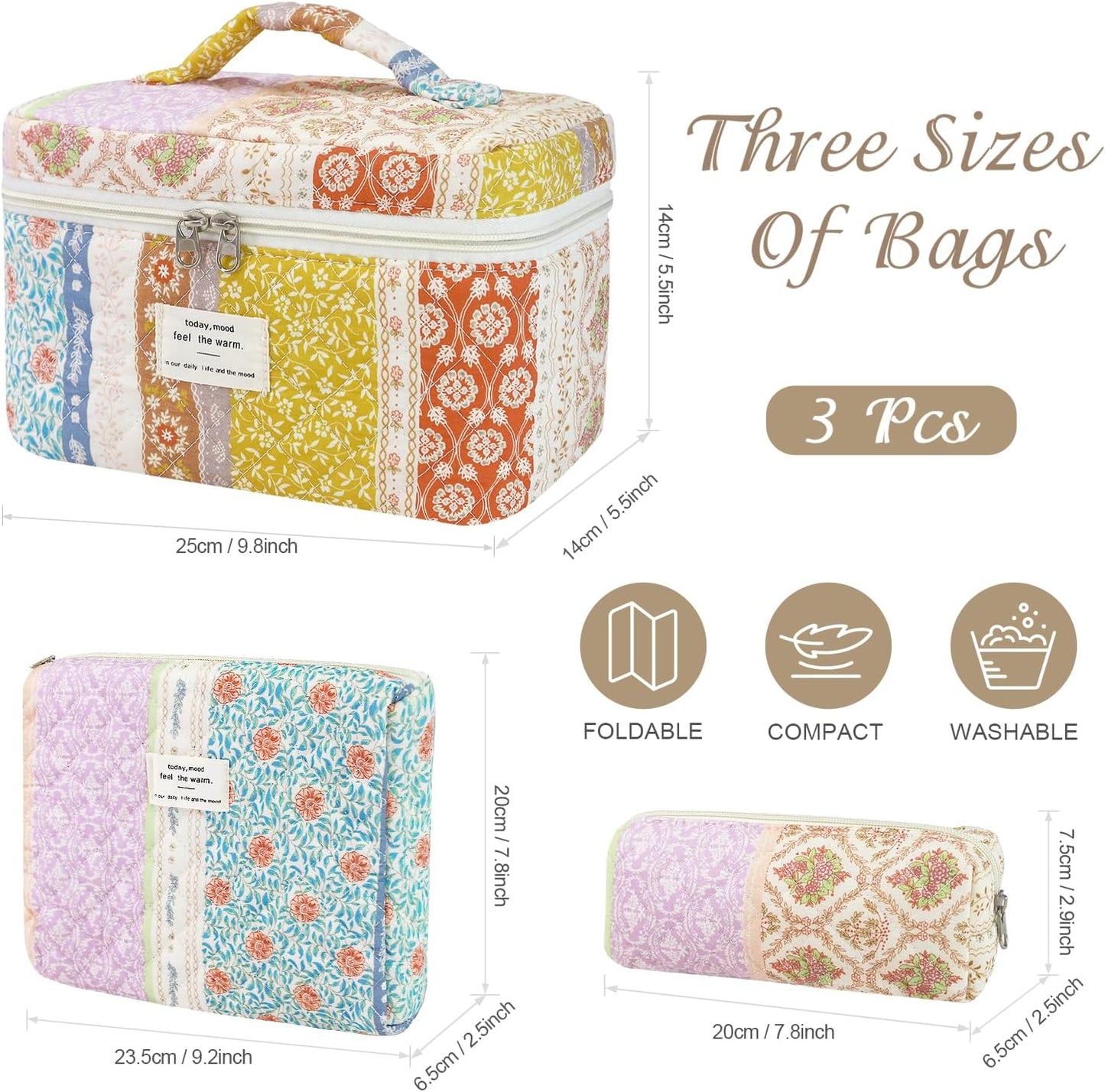3Pcs Cotton Quilted Makeup Bag for Women Girls, Large Floral Cosmetic Bag Set Cute Makeup Brushes Aesthetic Accessories Storage Bag Travel Toiletry Bag Organizer for Women