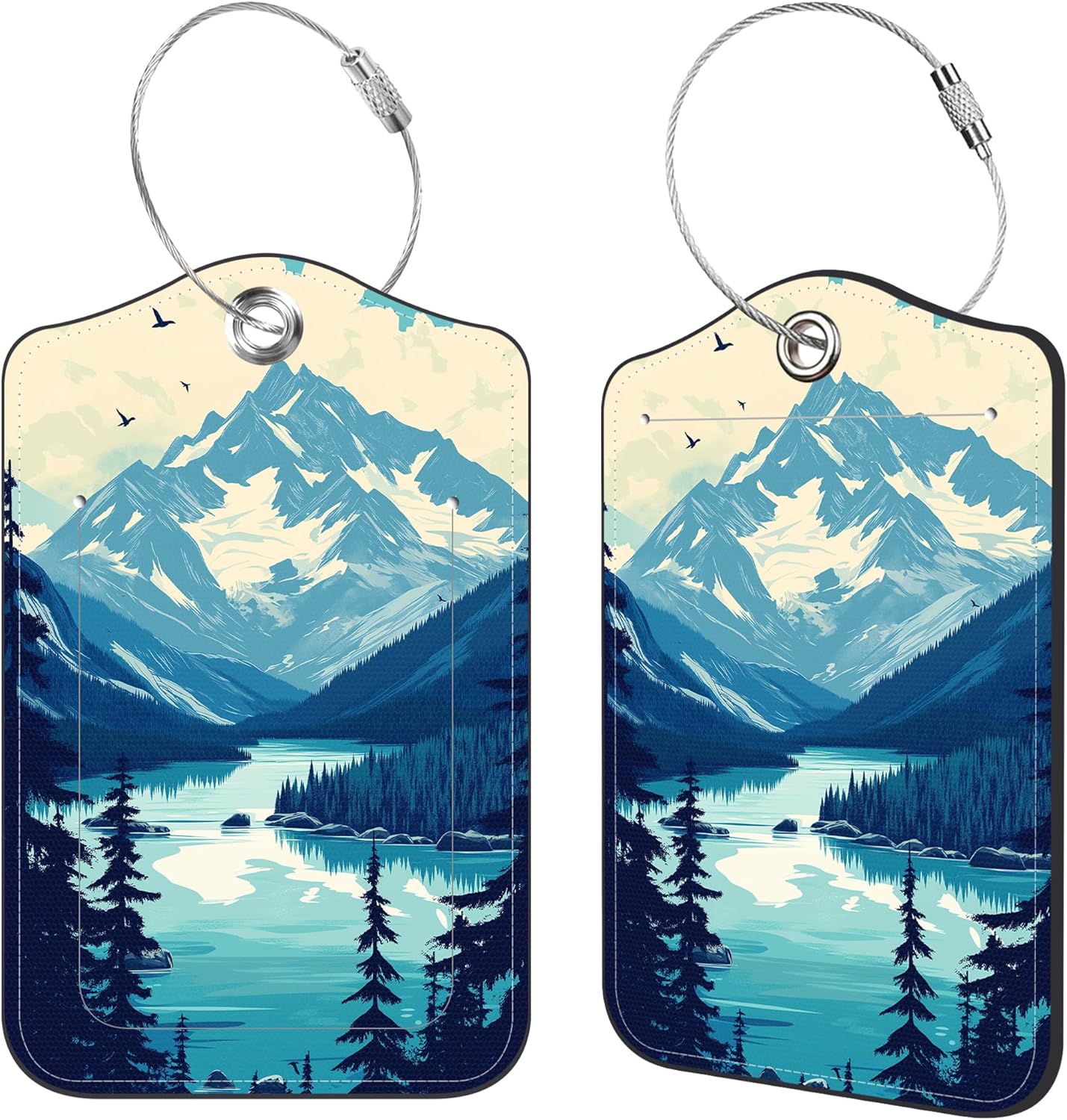 2 Pcs Luggage Tags for Suitcases, Mountain Lake Forest Landscape Leather Bag Tags for Luggage Privacy Cover Name ID Label with Stainless Steel Loop Cruise Airport Travel Essentials