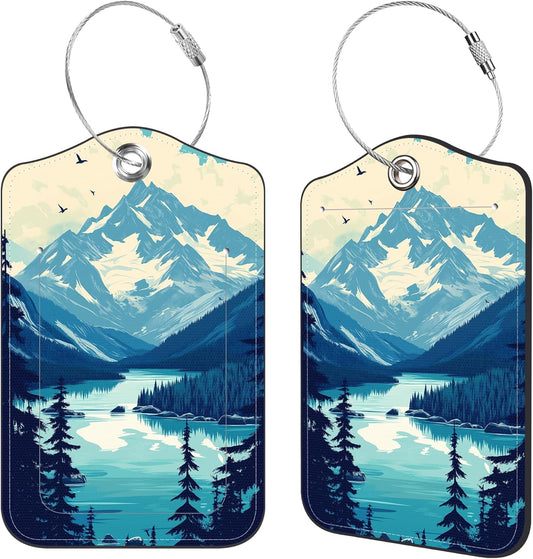 2 Pcs Luggage Tags for Suitcases, Mountain Lake Forest Landscape Leather Bag Tags for Luggage Privacy Cover Name ID Label with Stainless Steel Loop Cruise Airport Travel Essentials